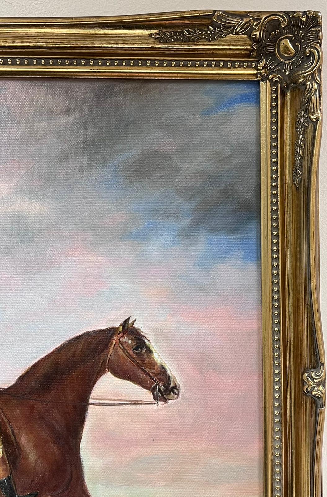 Grande peinture à l'huile d'art sportif représentant un cheval à cheval au dos avec un autre cheval encadré en vente 1