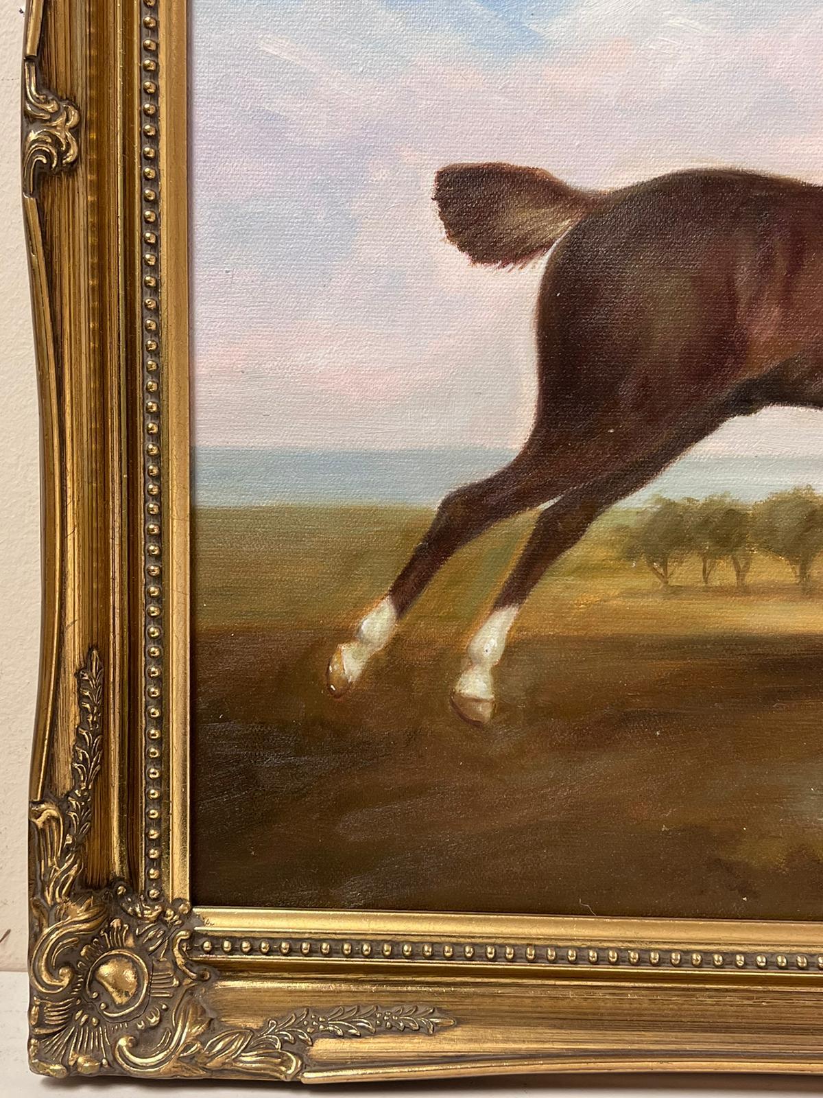 Grande peinture à l'huile d'art sportif représentant un cheval à cheval au dos avec un autre cheval encadré en vente 3