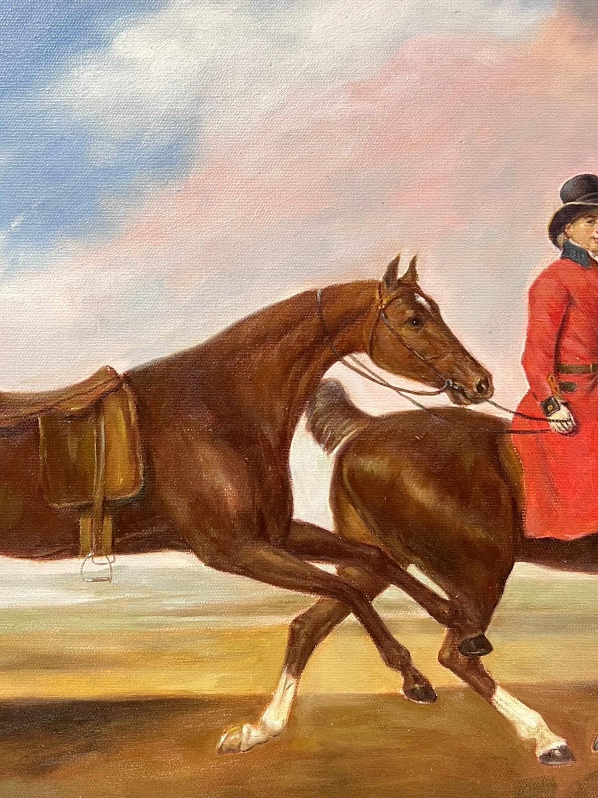Großes Ölgemälde, Sportkunst, Ölgemälde Reiter auf Pferd mit einem anderen Pferd, gerahmt im Angebot 4