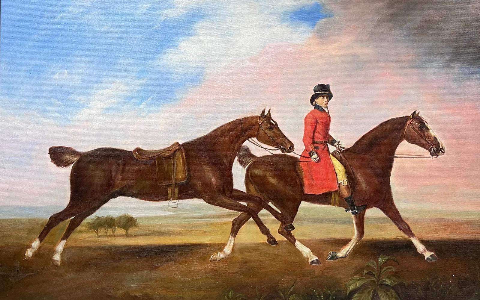 Animal Painting European Artist - Grande peinture à l'huile d'art sportif représentant un cheval à cheval au dos avec un autre cheval encadré