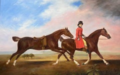 Gran cuadro al óleo de arte deportivo Jinete a caballo con otro caballo enmarcado