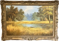 Large Traditional Signed Oil Painting Gilt Swept Frame Ducks in Flight over Pond