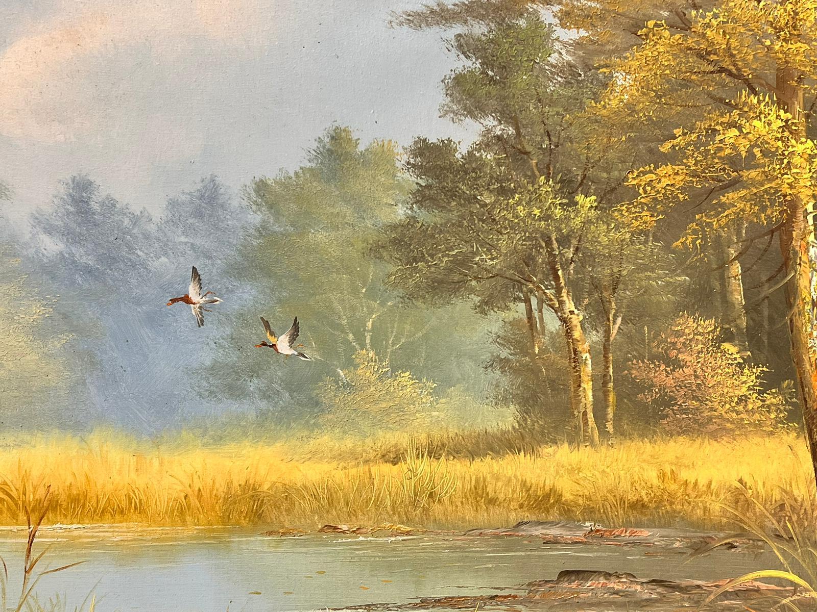 Large Traditional Signed Oil Painting Gilt Swept Frame Ducks in Flight over Pond For Sale 2