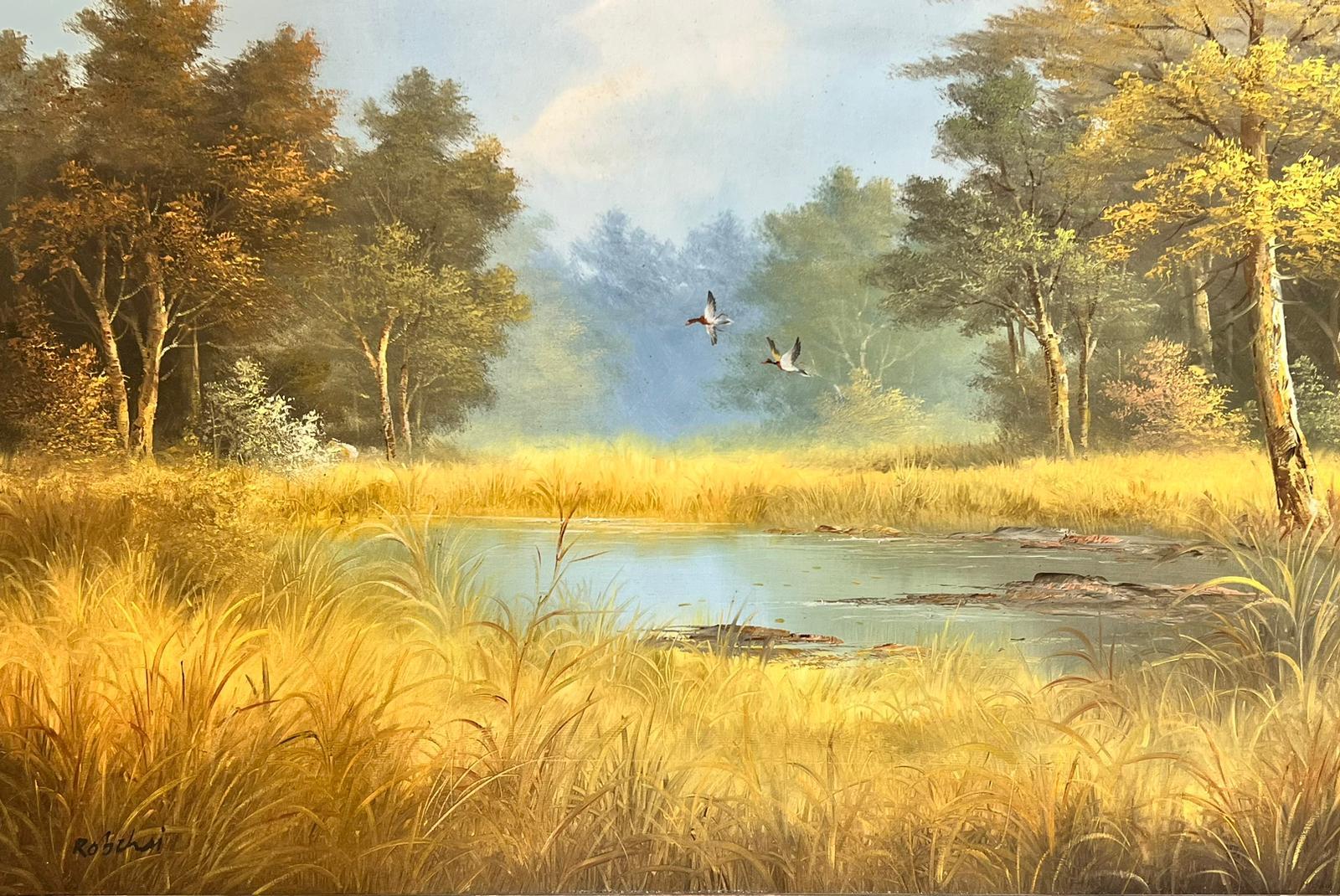 European Artist Animal Painting - Large Traditional Signed Oil Painting Gilt Swept Frame Ducks in Flight over Pond