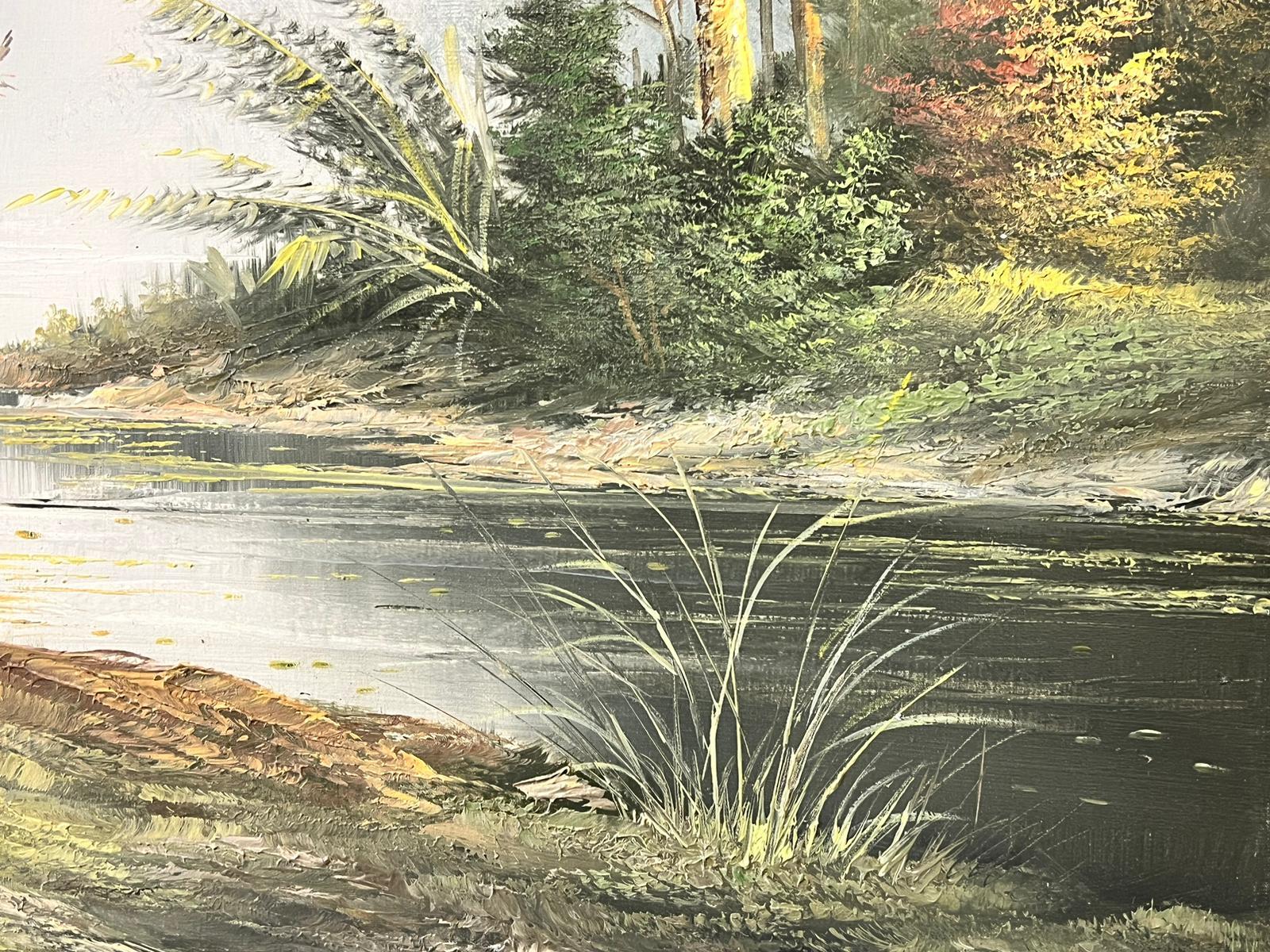 Large Traditional Signed Oil Painting Gilt Swept Frame River Woodlands Birds For Sale 1