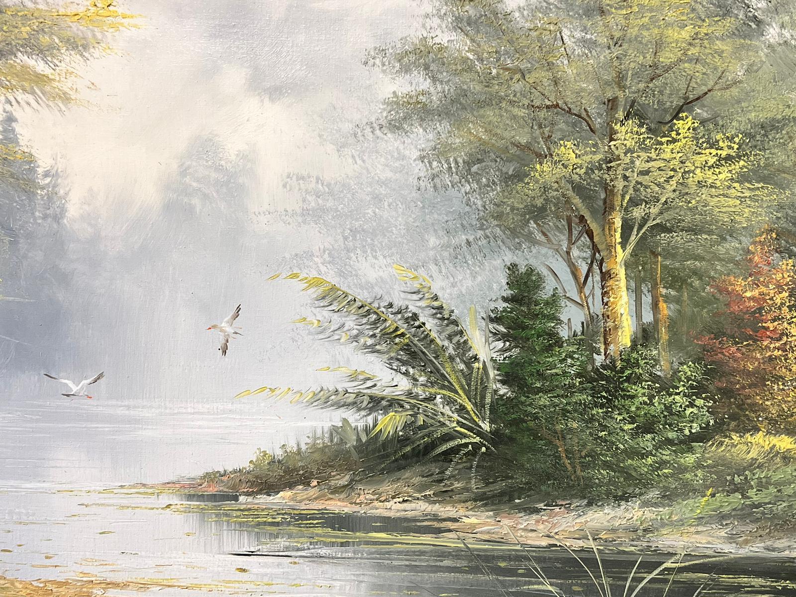 Large Traditional Signed Oil Painting Gilt Swept Frame River Woodlands Birds For Sale 2