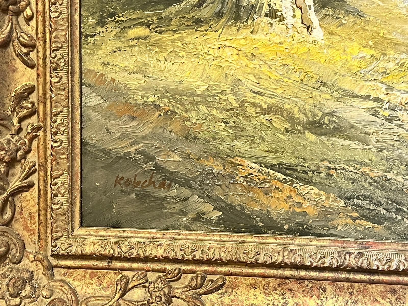 Grande peinture à l'huile traditionnelle signée avec cadre enveloppant doré - Oiseaux des bois de rivière en vente 3