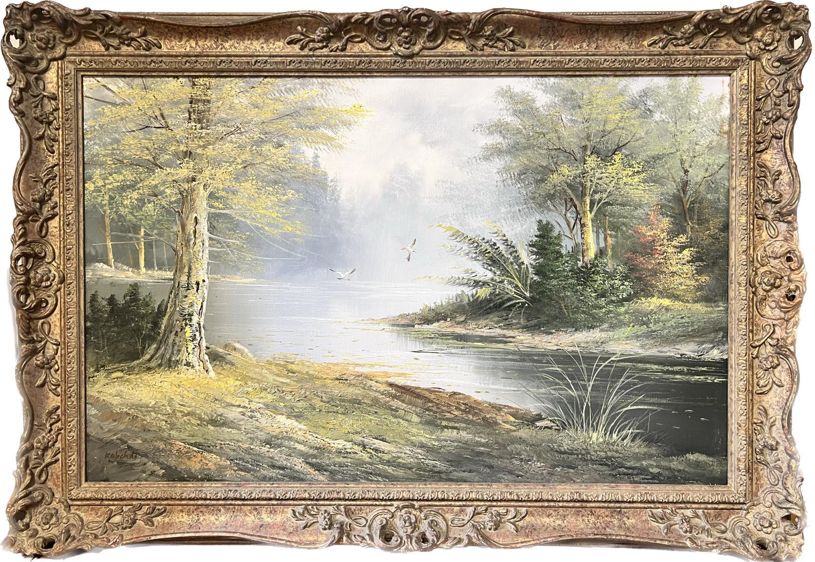 European Artist Landscape Painting - Large Traditional Signed Oil Painting Gilt Swept Frame River Woodlands Birds
