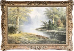 Used Large Traditional Signed Oil Painting Gilt Swept Frame River Woodlands Birds