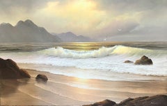 Grande peinture à l'huile traditionnelle signée, cadre balayé doré, vagues roulantes sur la plage
