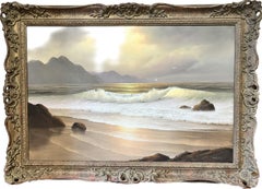 Large Traditional Signed Oil Painting Gilt Swept Frame Rolling Waves on Beach