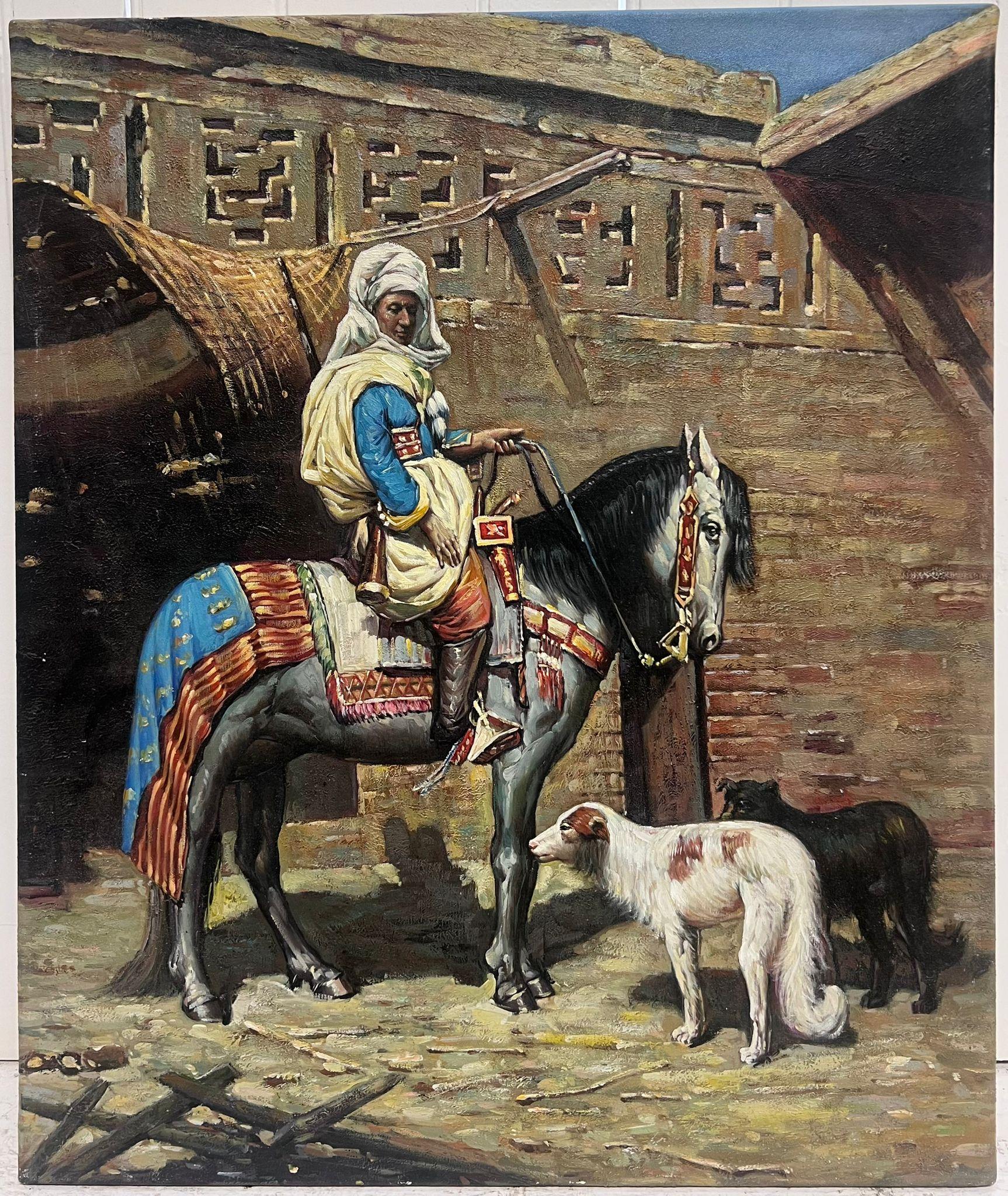 North African Orientalist Scene Man on Horseback with Dogs outside City Building - Painting by European Artist