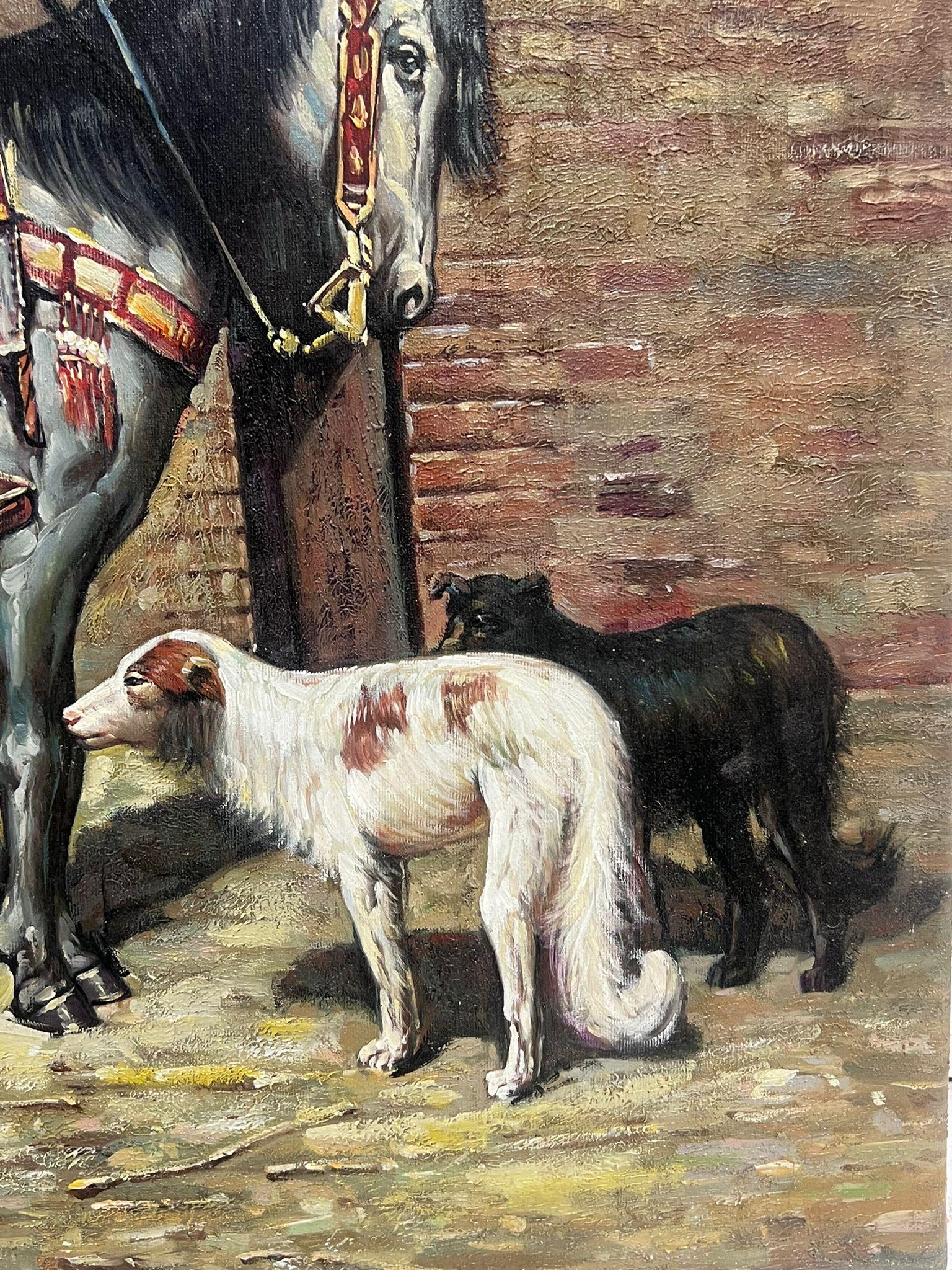 Nordafrikanische orientalische Szene, Mann zu Pferd mit Hunden, außerhalb des Stadtgebäudes im Angebot 1