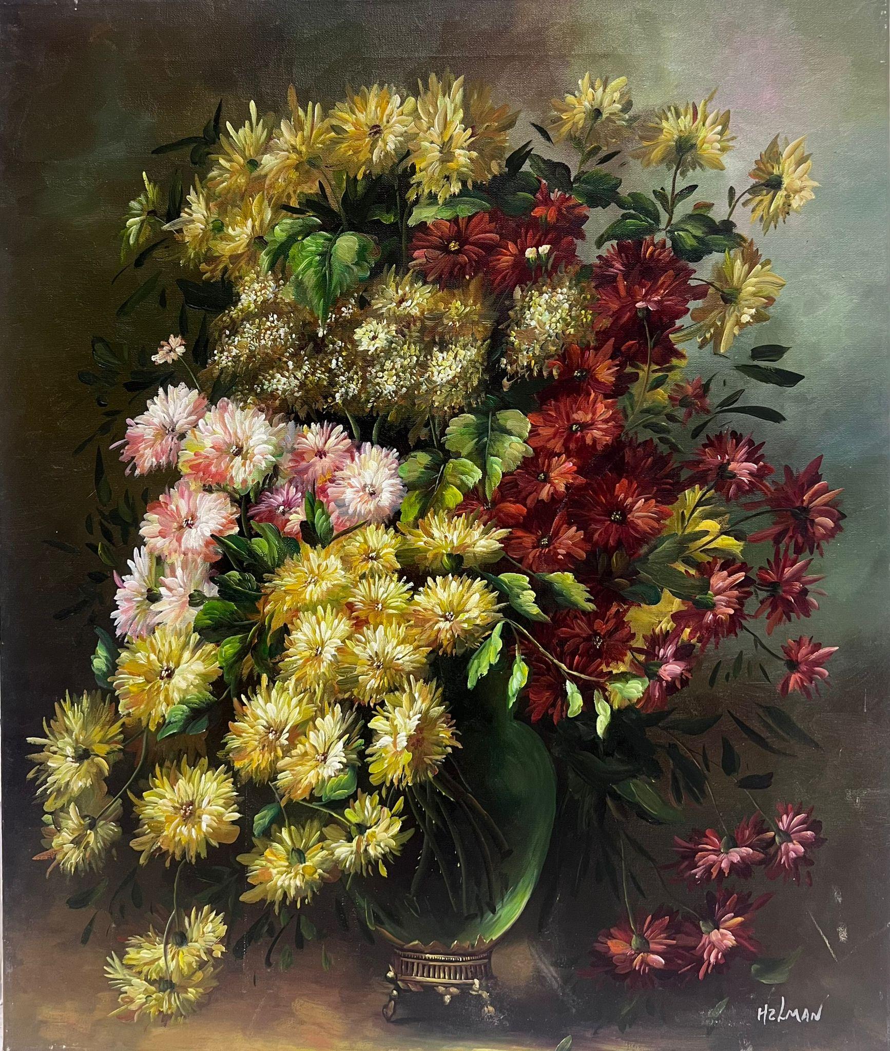 Figurative Painting European Artist - Profusion de Fleurs Grande Nature Morte Peinture à l'huile signée toile