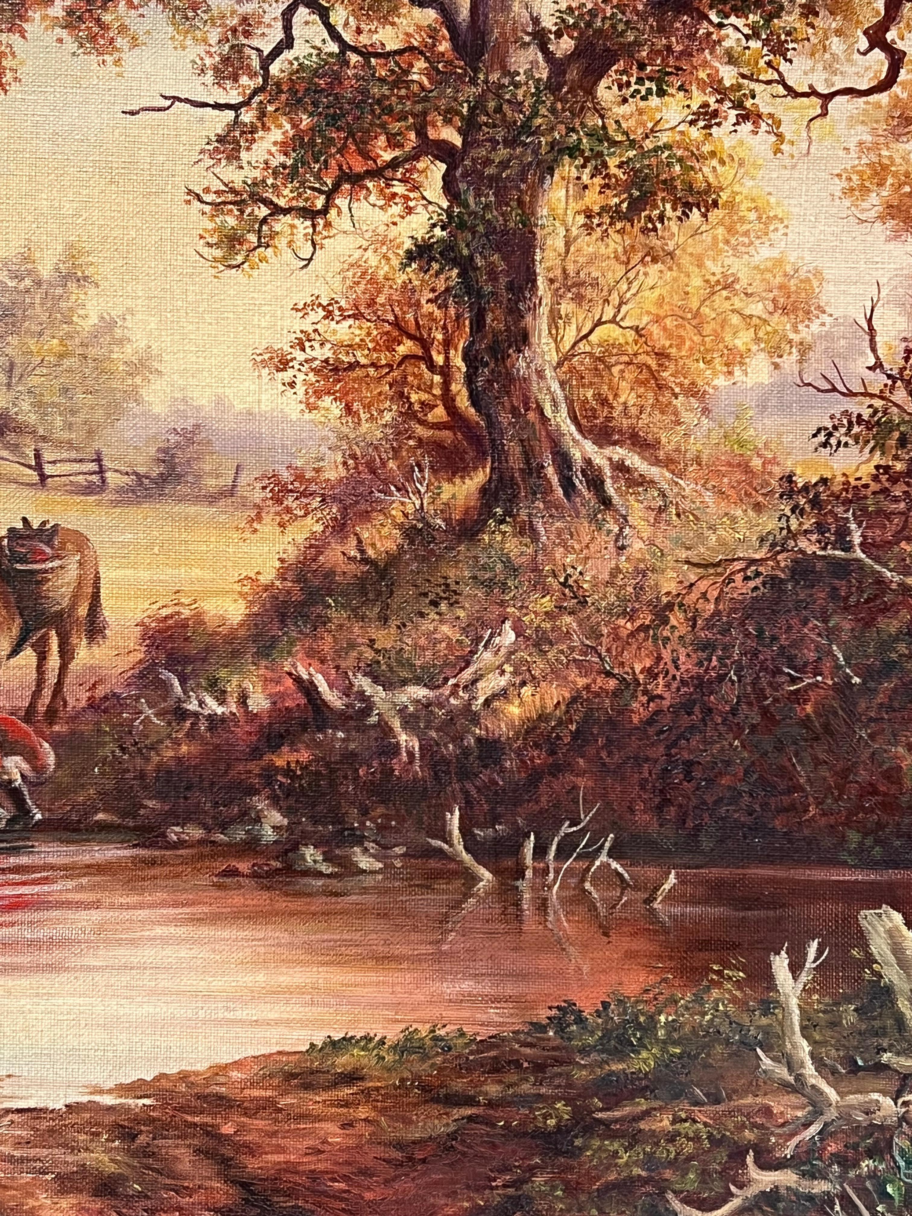 Traditional English Rural Country Scene Horse Drinking from Pool with Figures For Sale 5