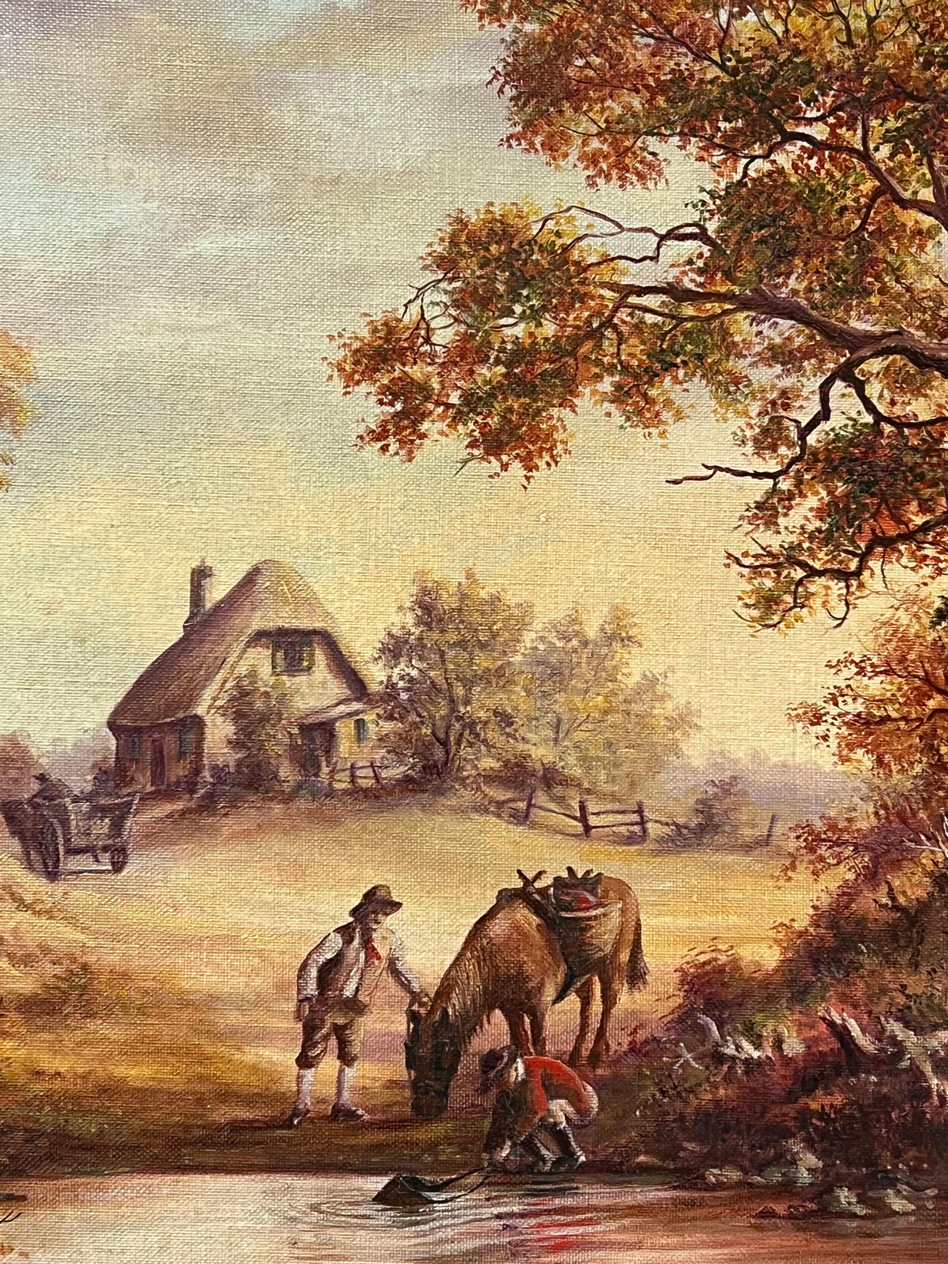 Traditional English Rural Country Scene Horse Drinking from Pool with Figures For Sale 7