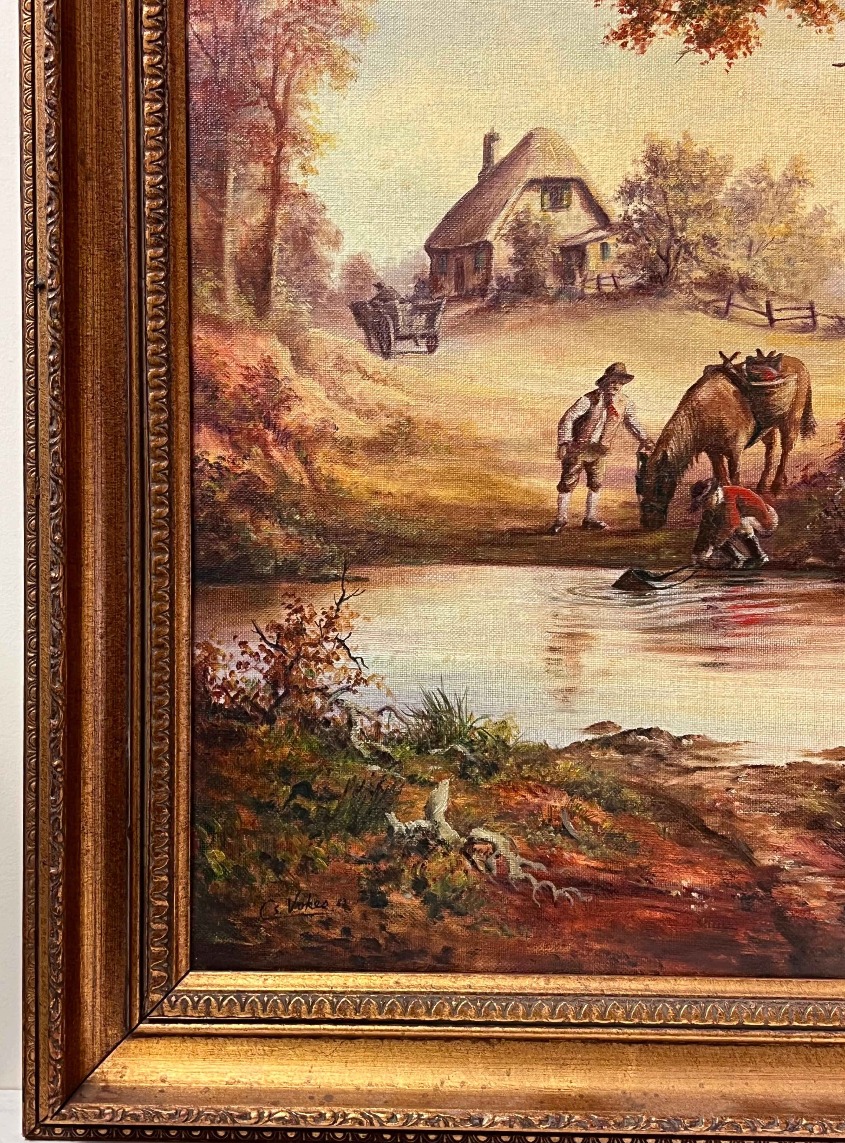 Traditional English Rural Country Scene Horse Drinking from Pool with Figures - English School Painting by European Artist