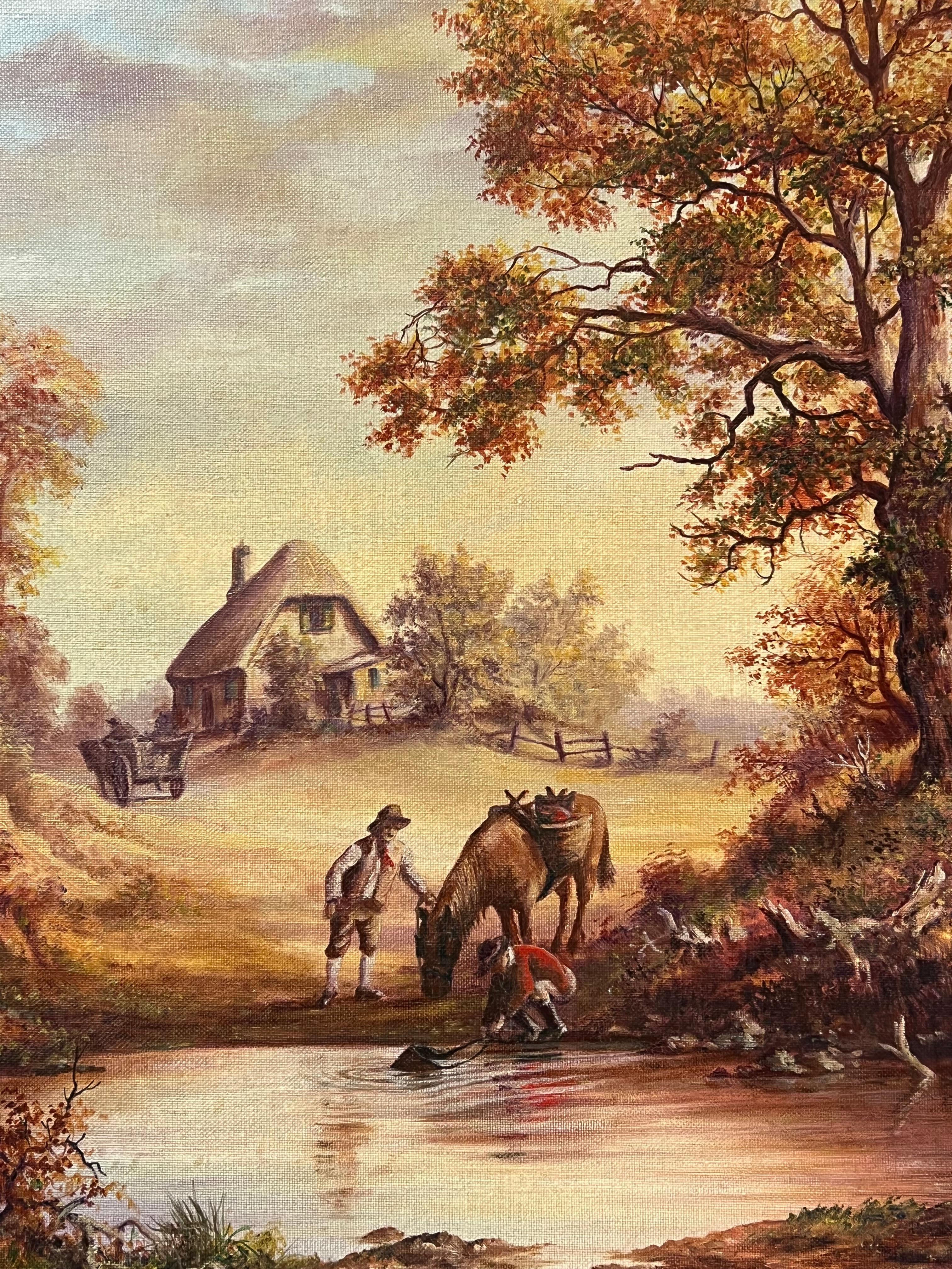 Traditional English Rural Country Scene Horse Drinking from Pool with Figures - Brown Animal Painting by European Artist