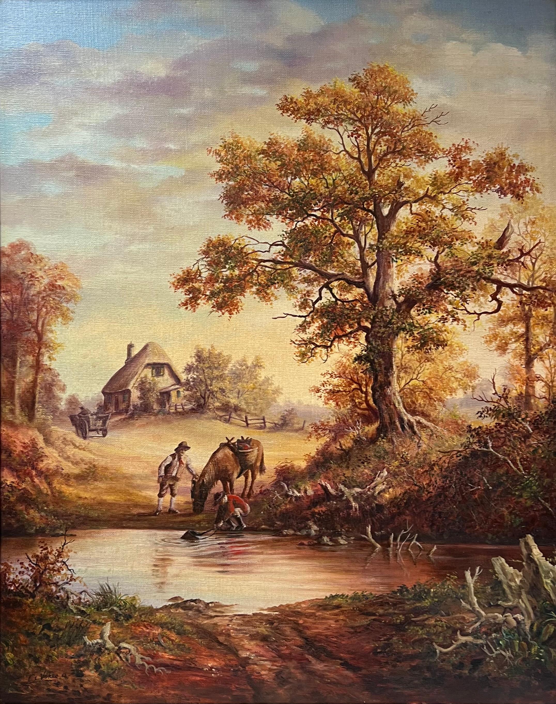 Traditional English Rural Country Scene Horse Drinking from Pool with Figures For Sale 1