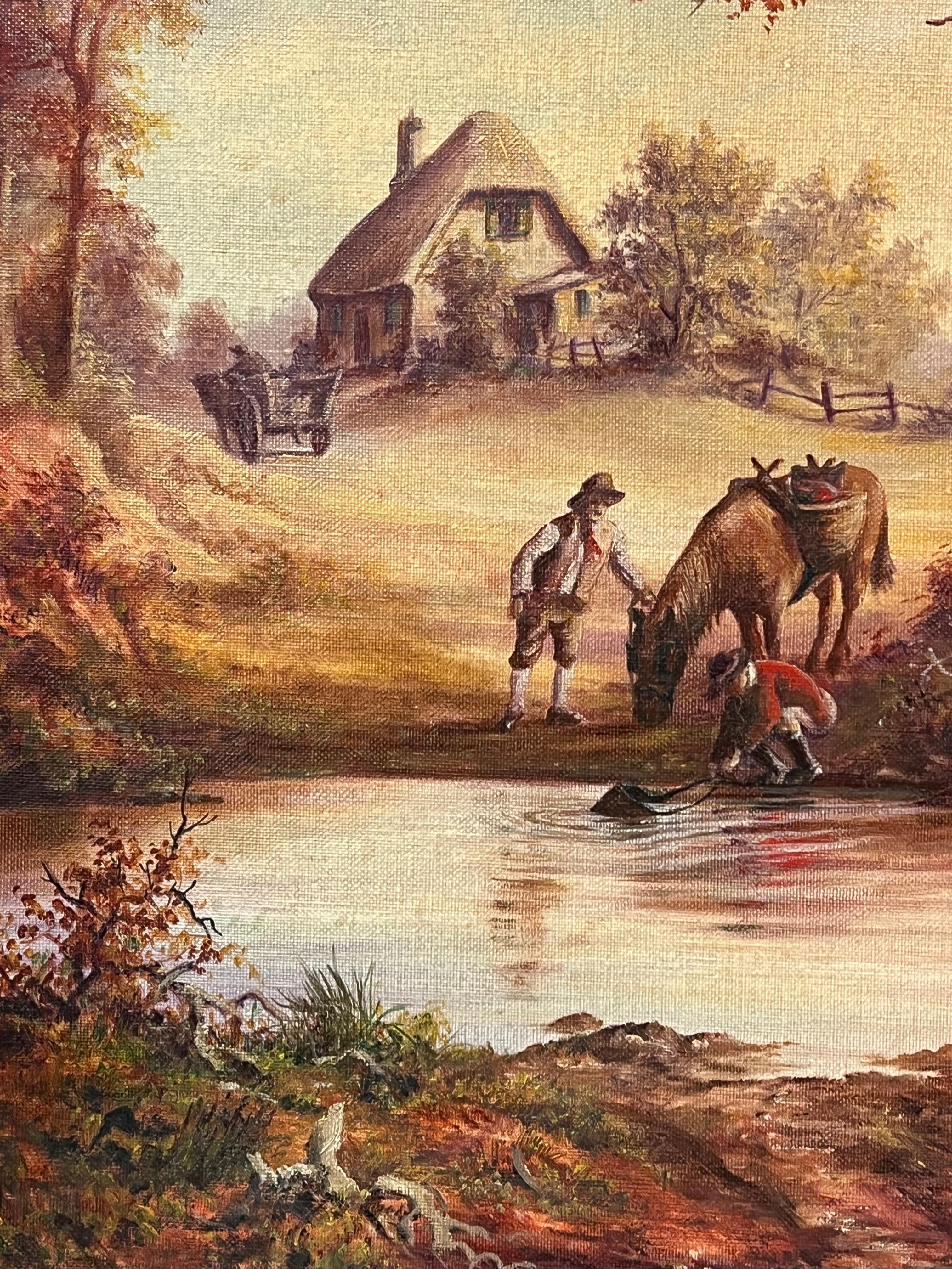 Traditional English Rural Country Scene Horse Drinking from Pool with Figures For Sale 4