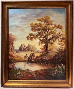 Traditionnelle scène rurale anglaise, cheval buvant de la piscine avec des personnages