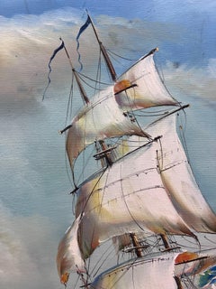 Very Large Marine Oil Painting Naval Battle Engagement at Sea Framed