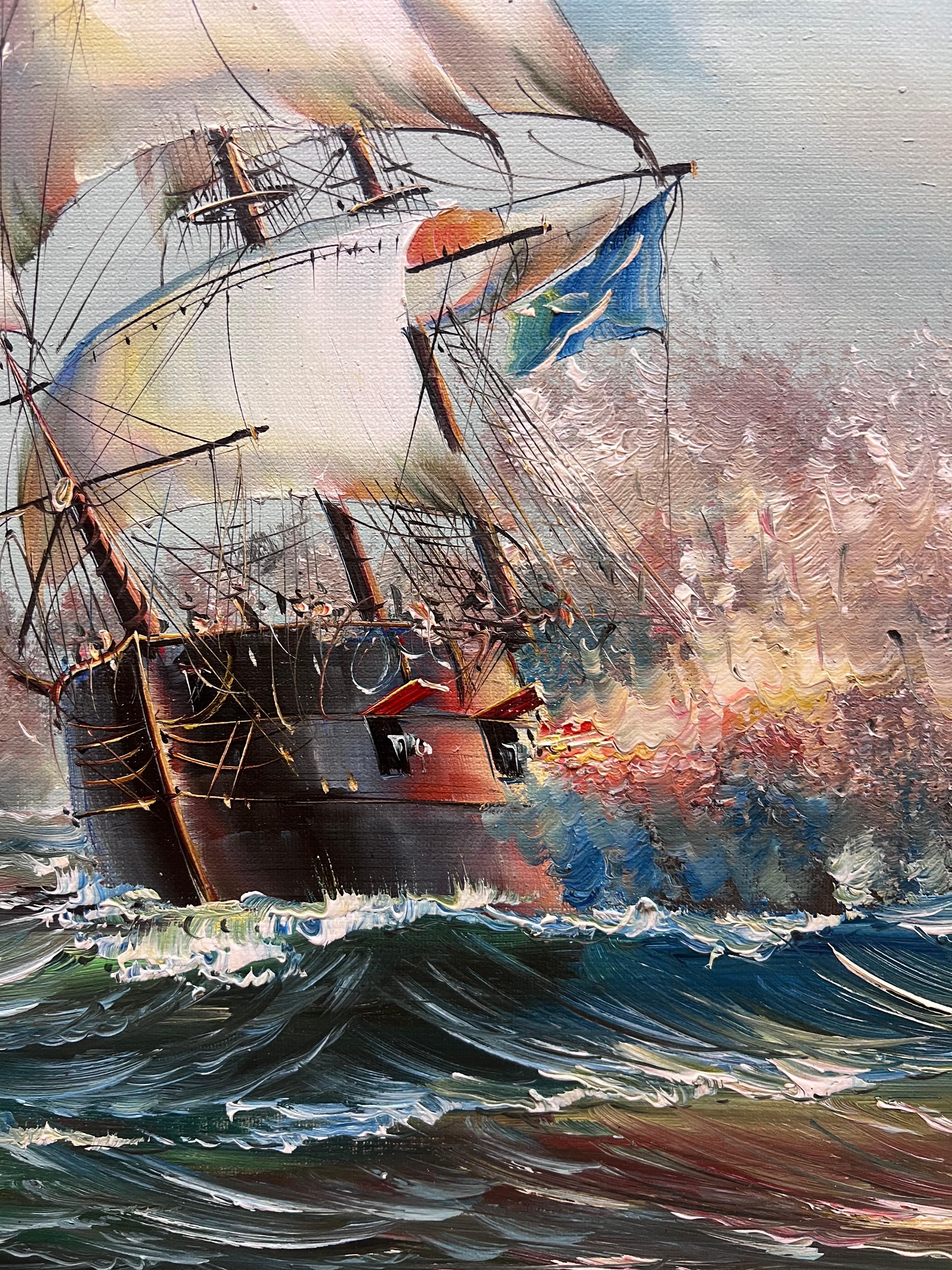 Very Large Marine Oil Painting Naval Battle Engagement at Sea Framed  2