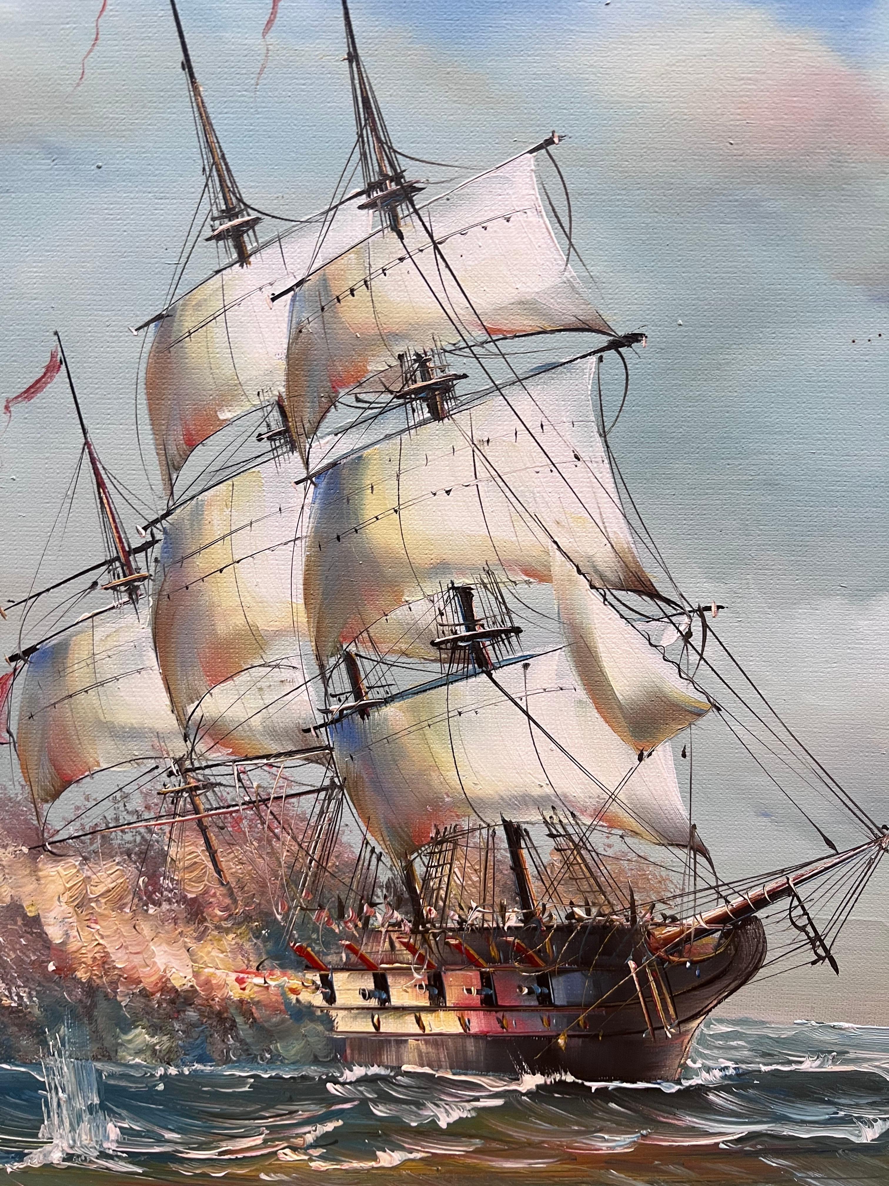 Very Large Marine Oil Painting Naval Battle Engagement at Sea Framed  6
