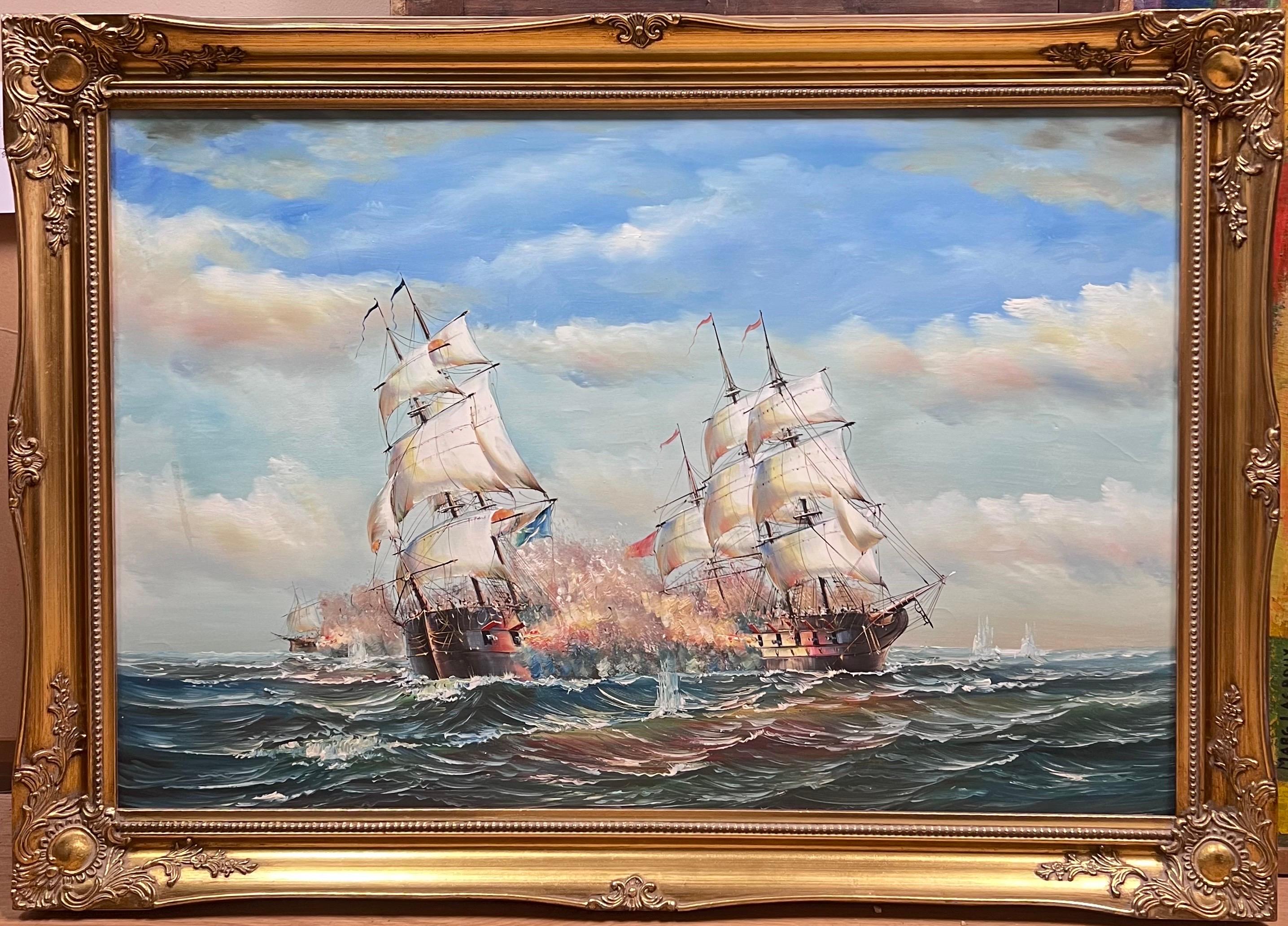 European Artist Figurative Painting - Very Large Marine Oil Painting Naval Battle Engagement at Sea Framed 