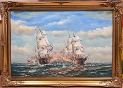 Very Large Marine Oil Painting Naval Battle Engagement at Sea Framed 