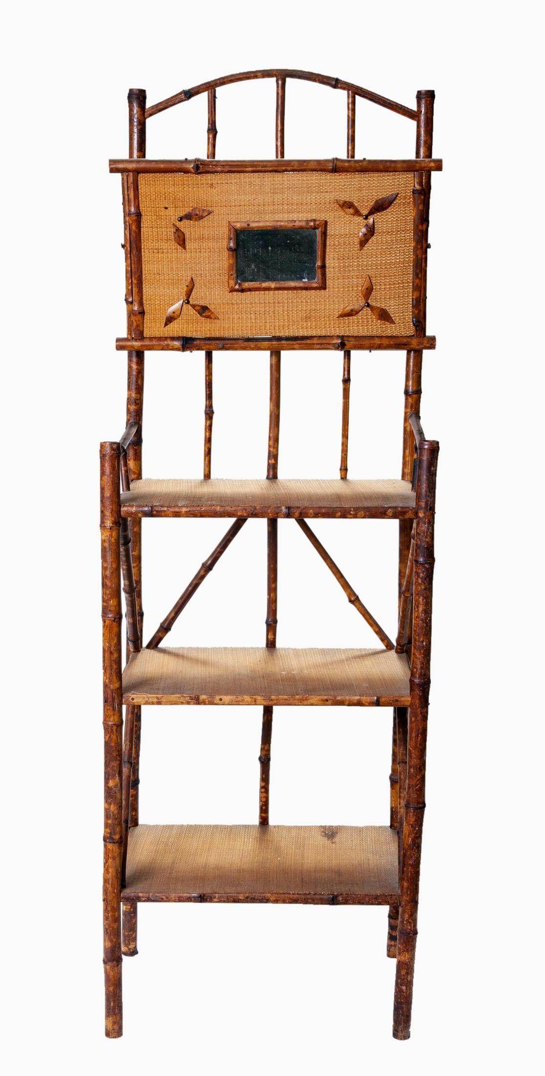 One of a kind piece; delicately designed, yet practical for everyday use, this piece features three shelves covered in a fine woven fiber. 
Stack up your towel and bath accessories or in the foyer or hallway for display & necessities. 
Above the