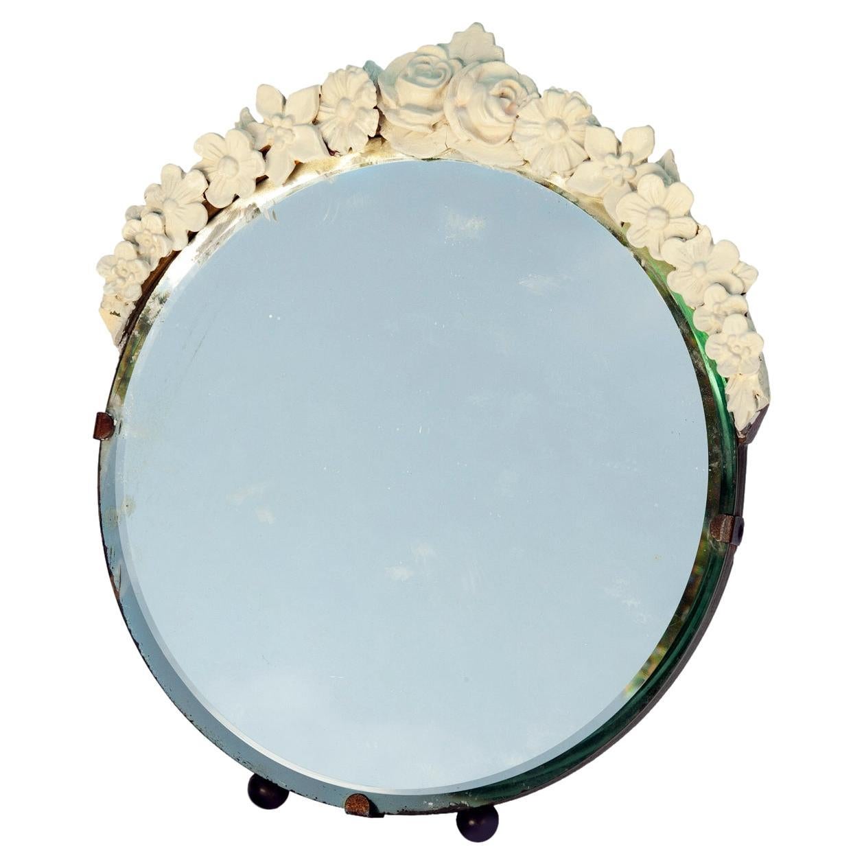 European Barbola Bouquet in Round Beveled Mirror with Easel For Sale