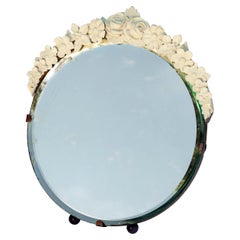Antique European Barbola Bouquet in Round Beveled Mirror with Easel