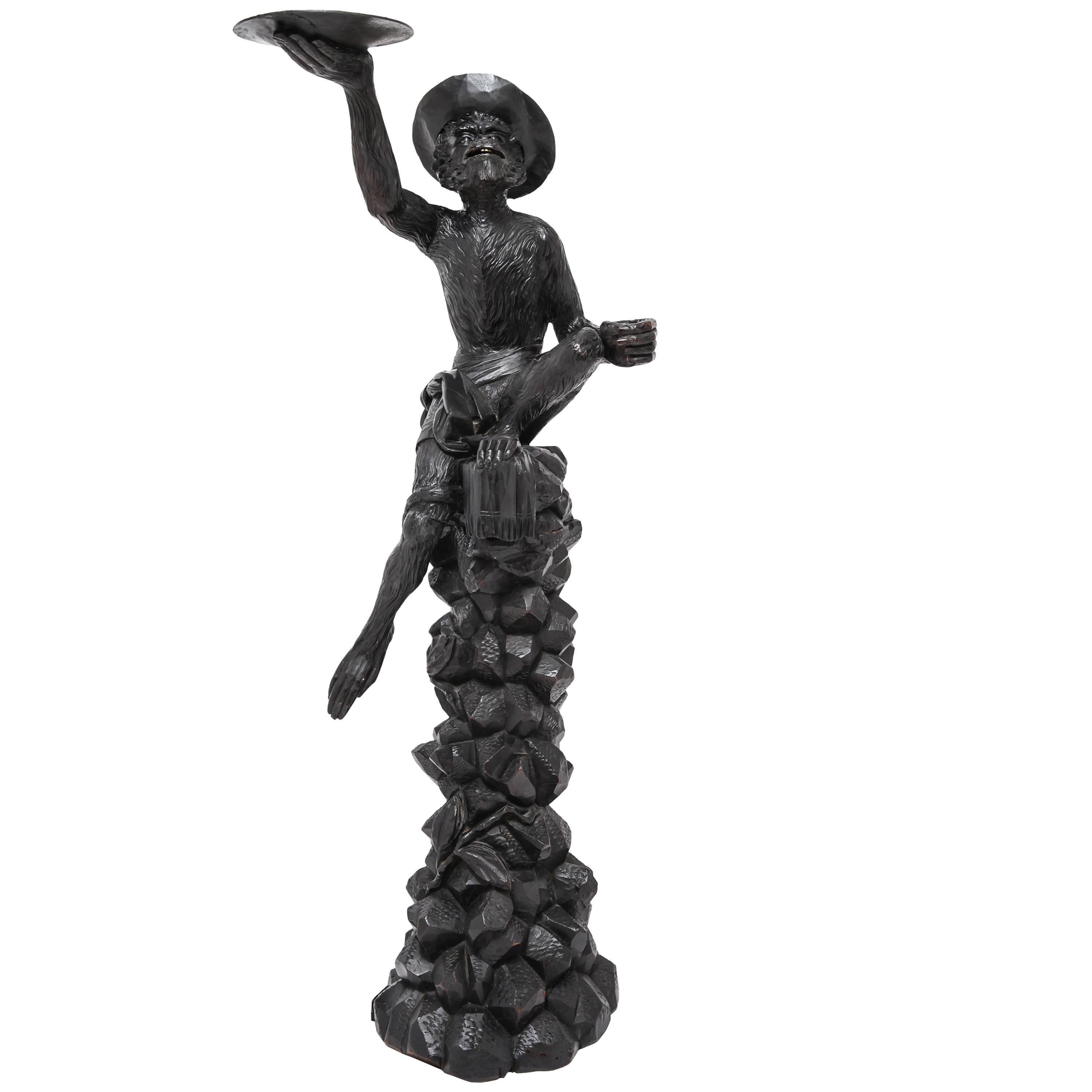 European Black Forest Monkey Sculpture in Carved Wood