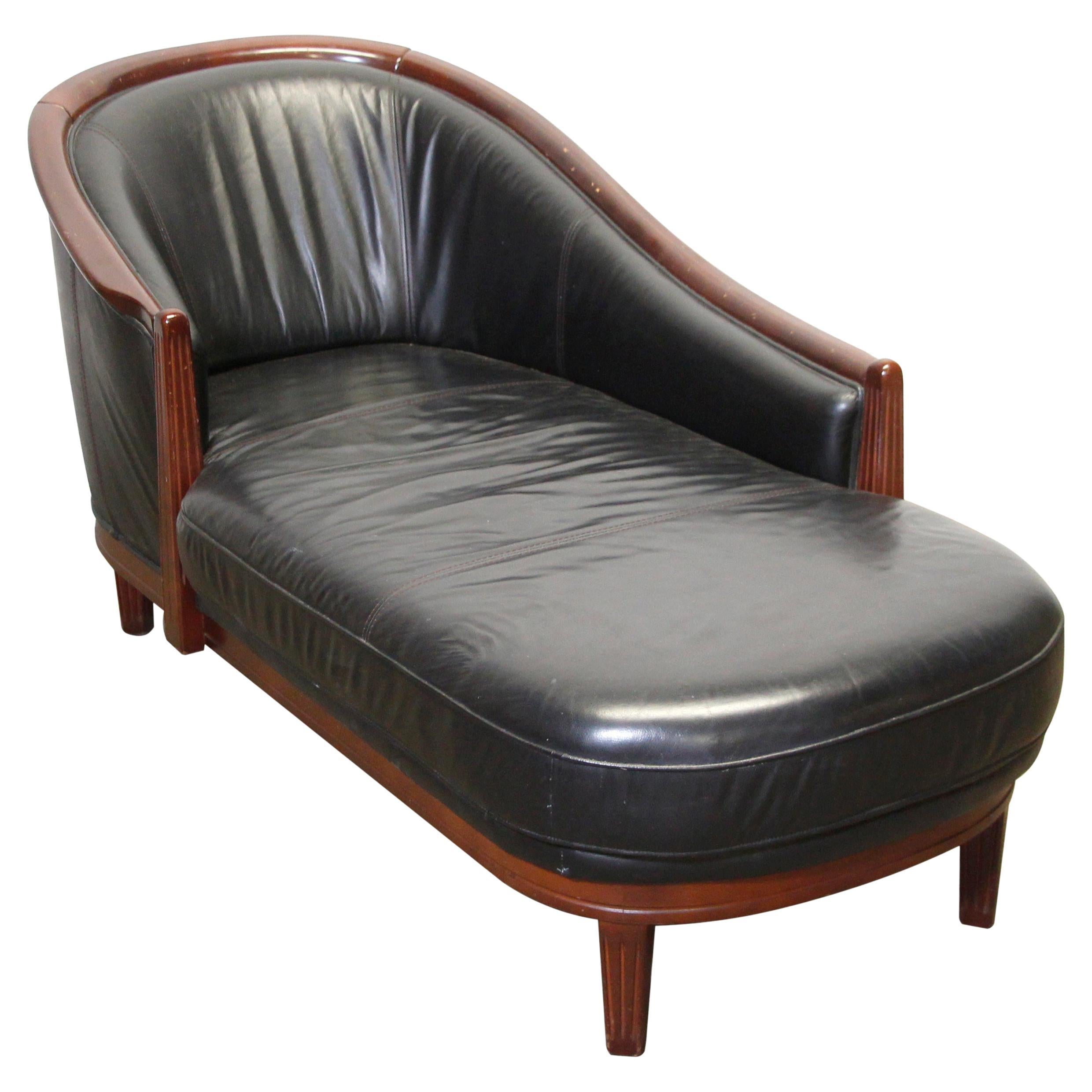 European Black Leather Barrel Back Chaise Lounge with Wood Frame For