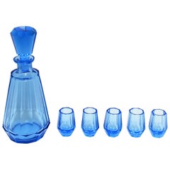 Vintage European Blue Crystal Liquor or Spirits Decanter and Glasses after Moser