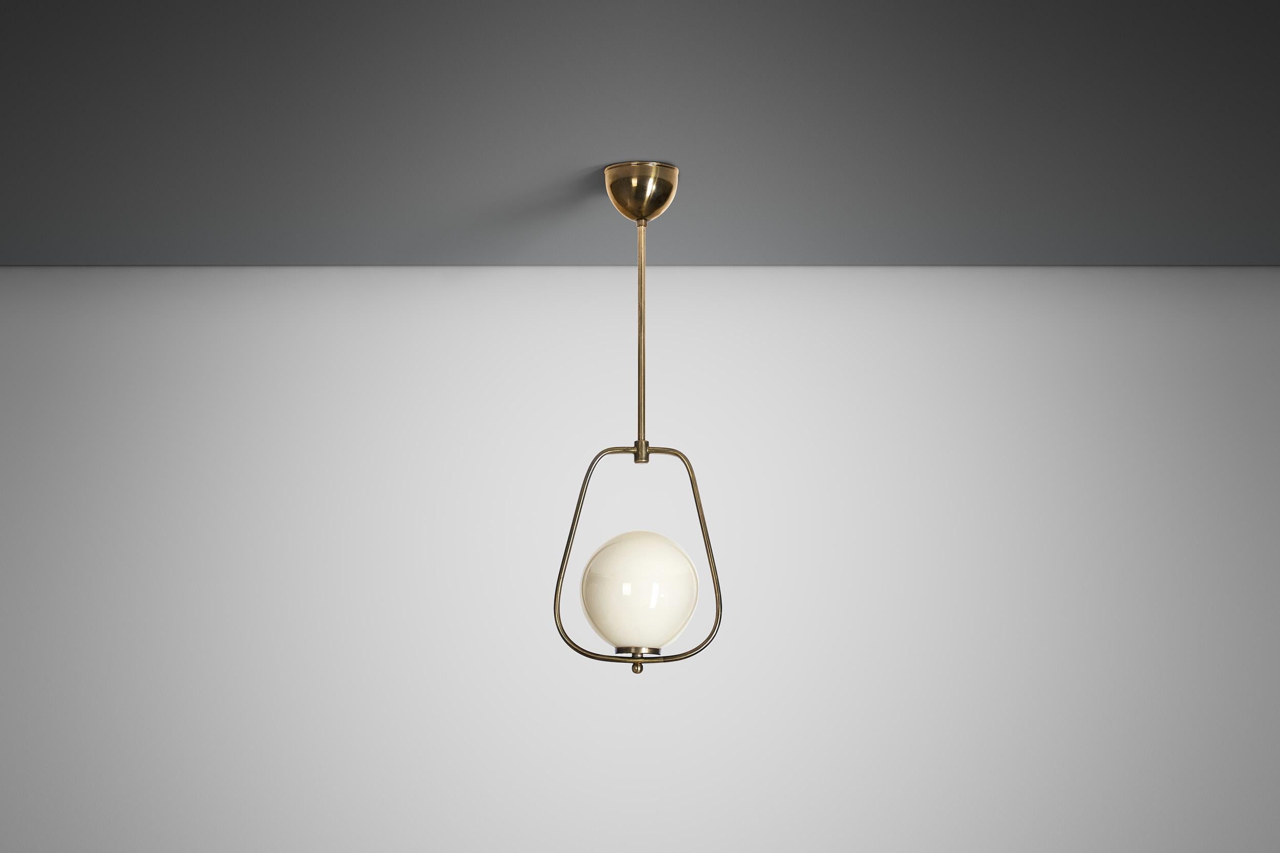 Mid-Century Modern European Brass and Glass Pendant Ceiling Lamp, Europe 1940s For Sale
