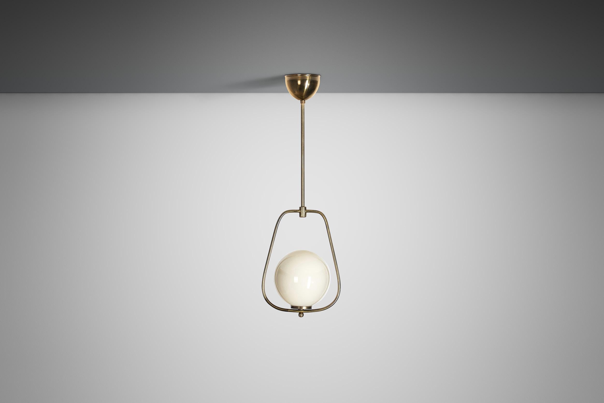 Mid-20th Century European Brass and Glass Pendant Ceiling Lamp, Europe 1940s For Sale