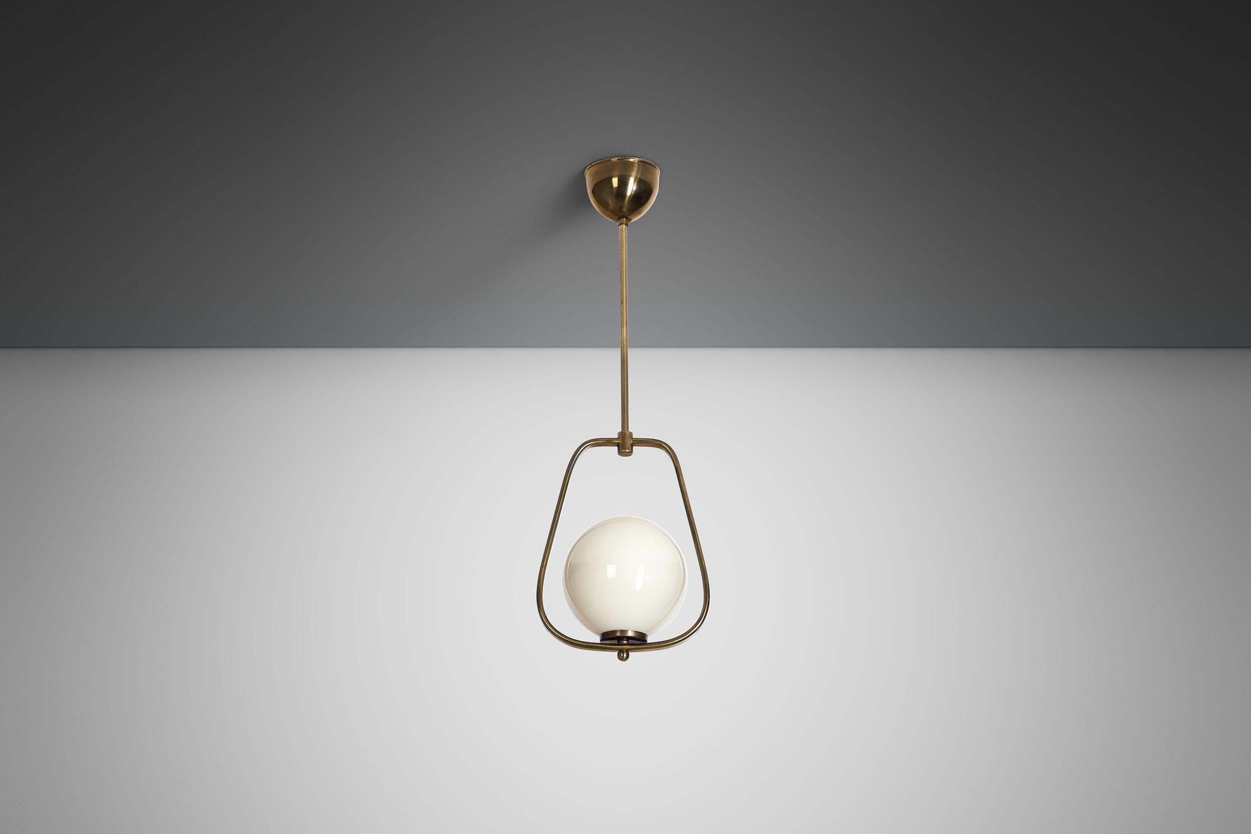 European Brass and Glass Pendant Ceiling Lamp, Europe 1940s For Sale 1