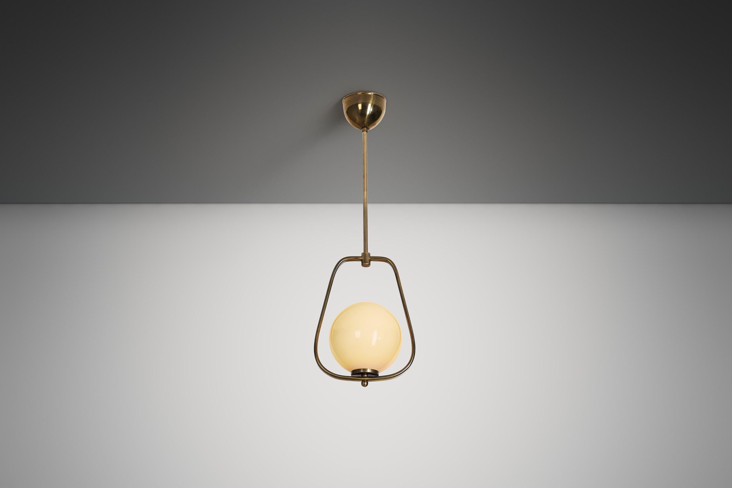 European Brass and Glass Pendant Ceiling Lamp, Europe 1940s For Sale 2