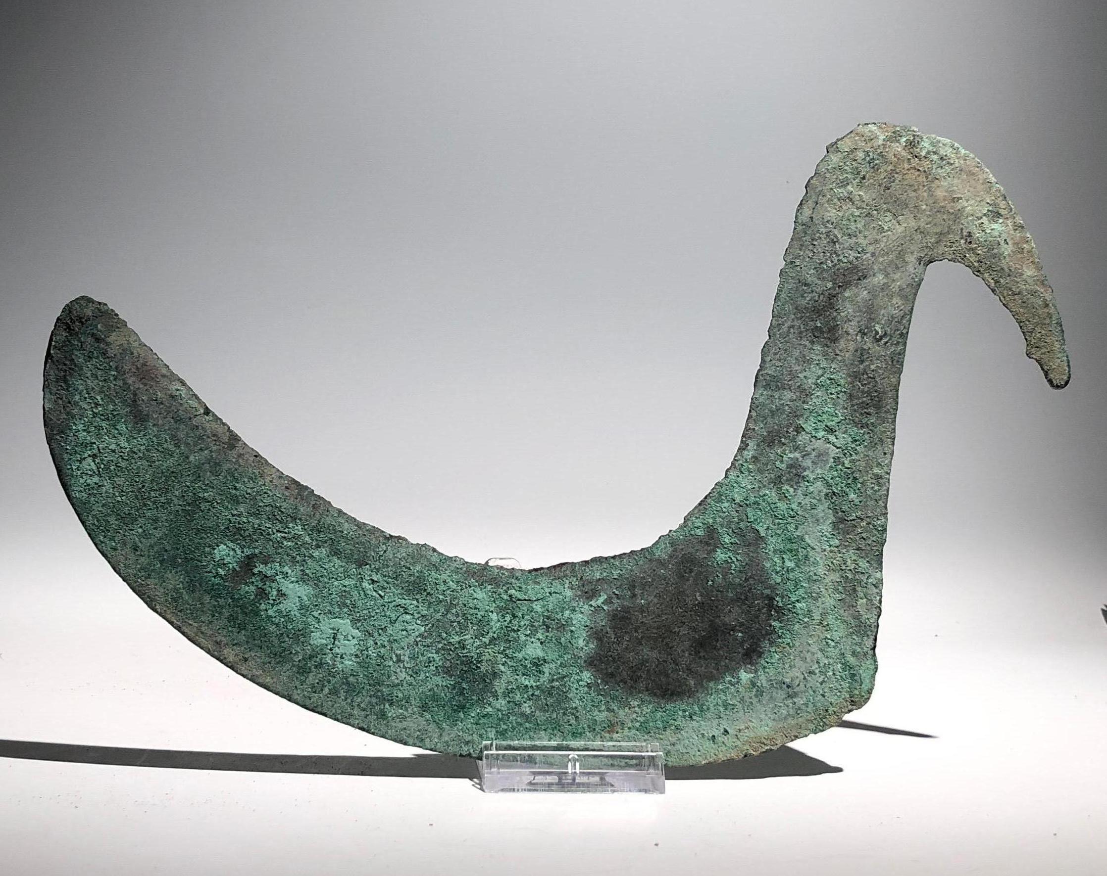 A sizeable example of an almost bird-like shaped European Bronze age, 8th-6th century BC bronze sickle. Sickles are agricultural tools created for harvesting grain and used to the present days. In the early years of humanity the lower mandibles of