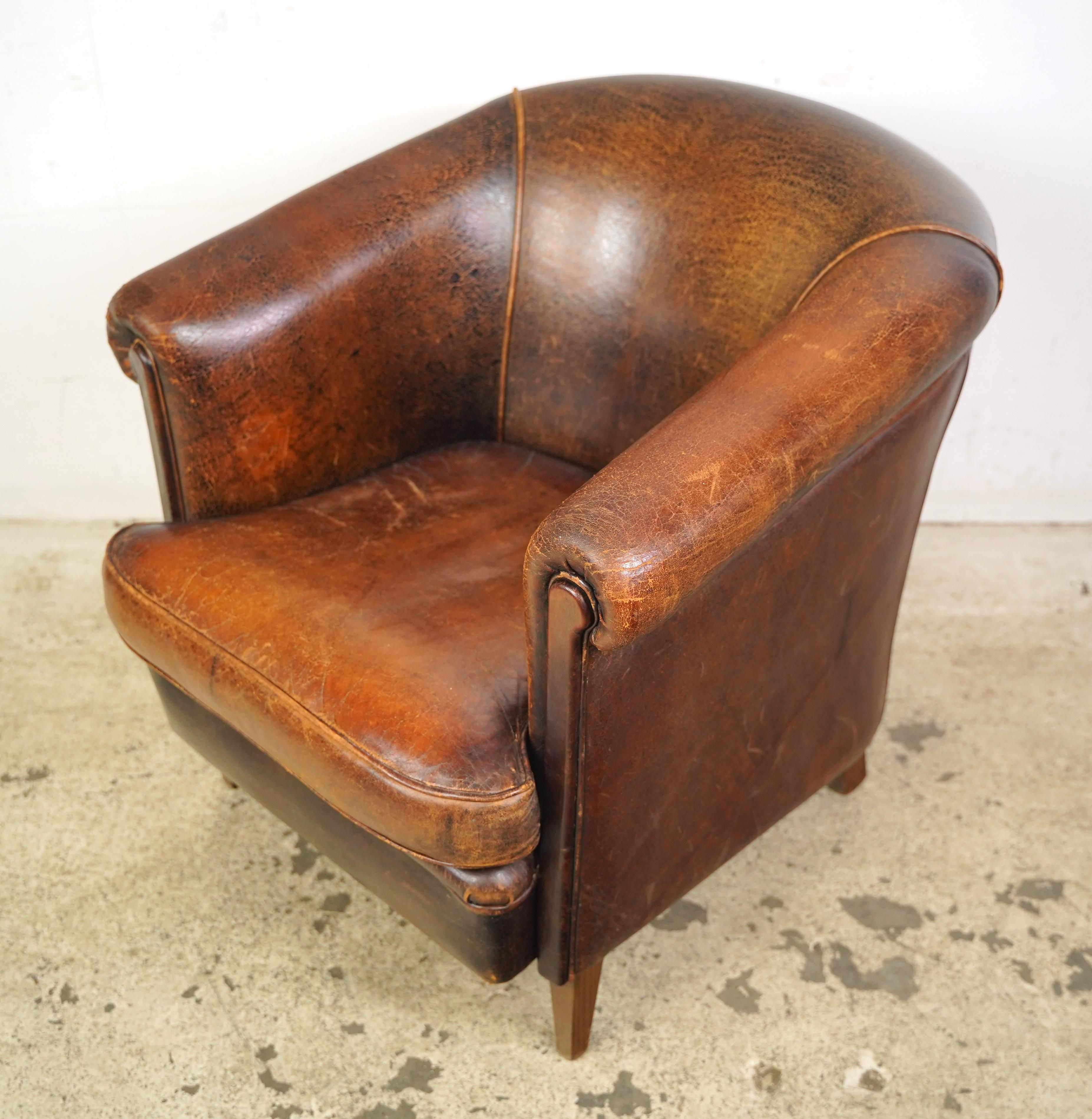 European Brown Barrel Leather Club Chair For Sale 6