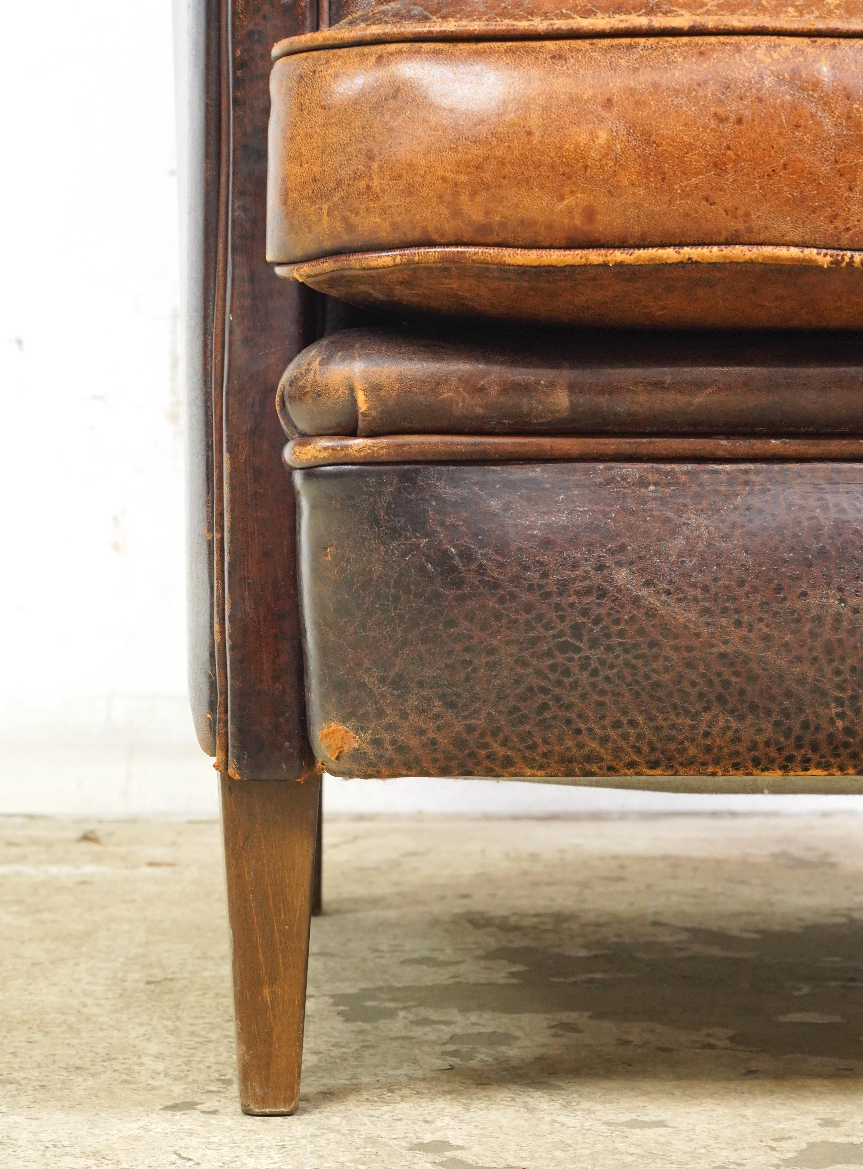 French European Brown Barrel Leather Club Chair For Sale