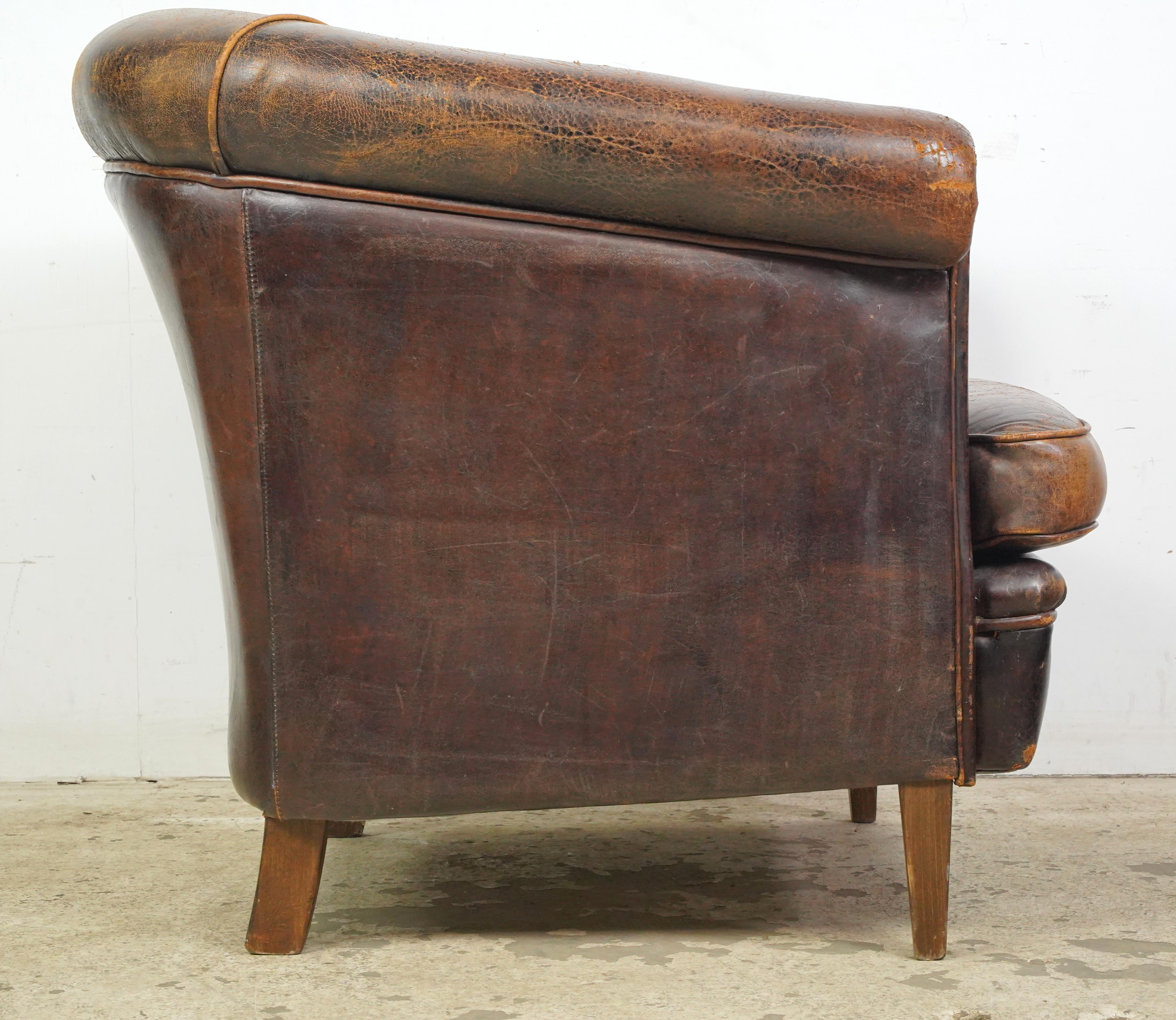 European Brown Barrel Leather Club Chair For Sale 1