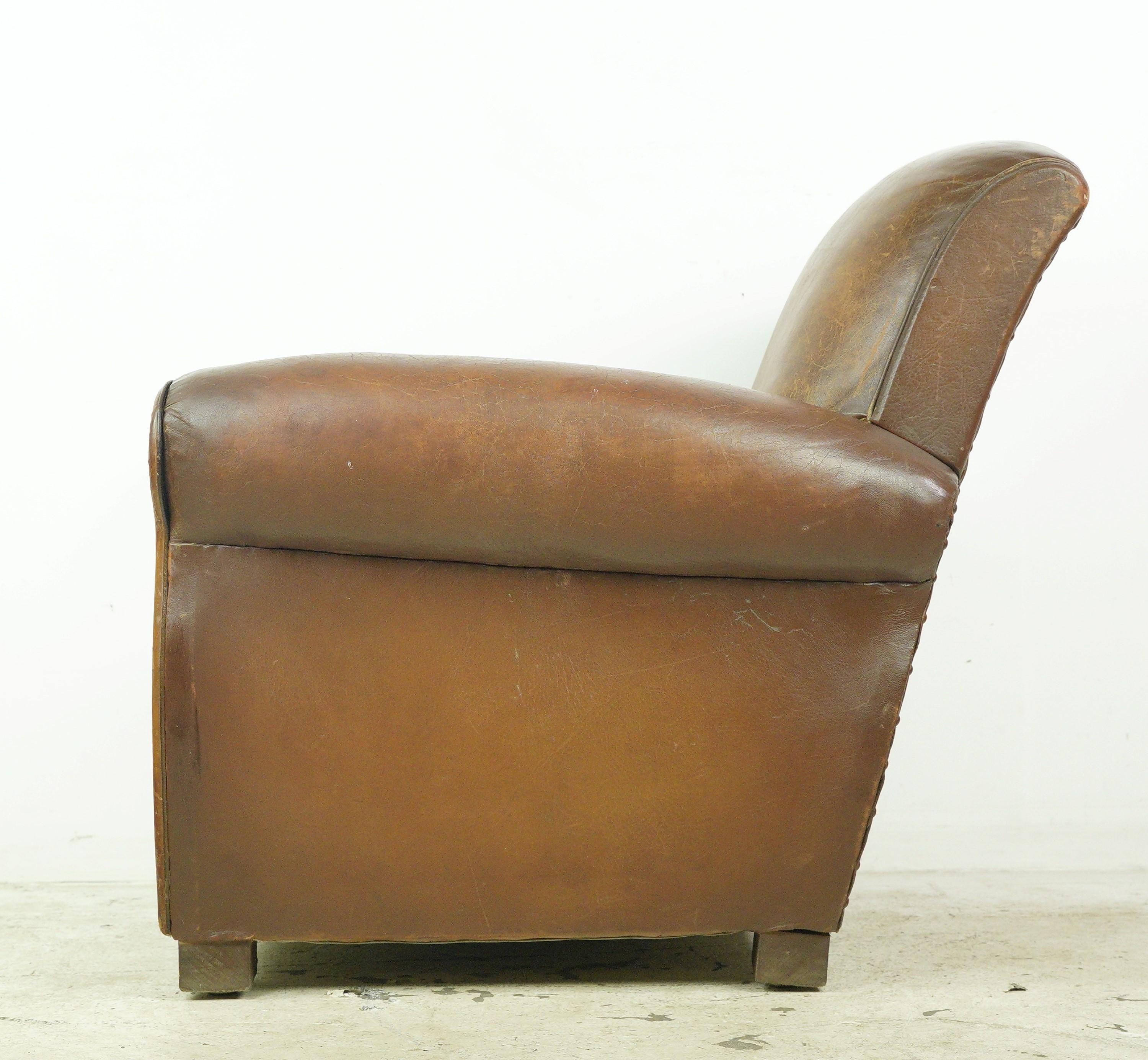 European Brown Leather Steel Studded Club Chair For Sale 6