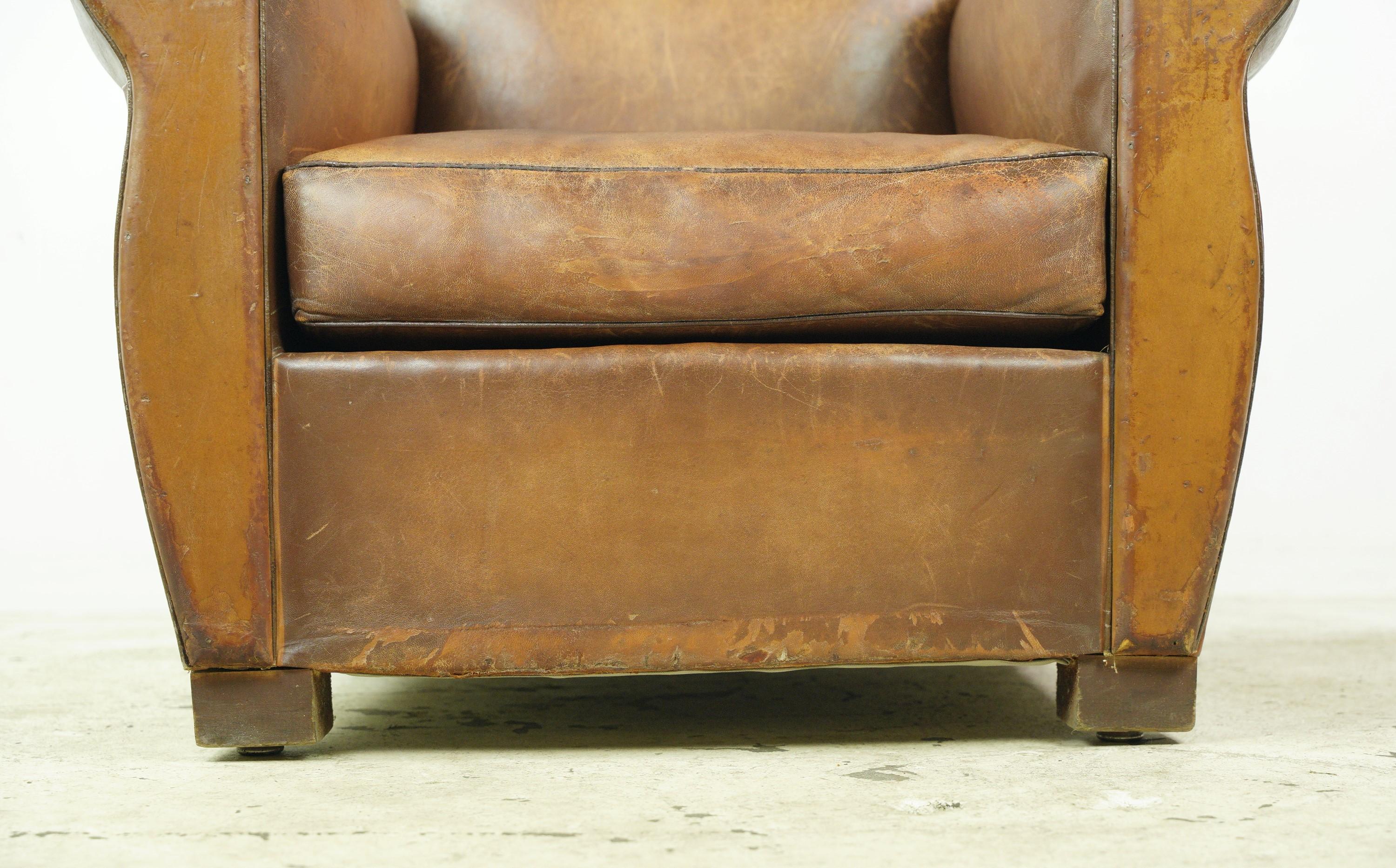 Belgian European Brown Leather Steel Studded Club Chair For Sale