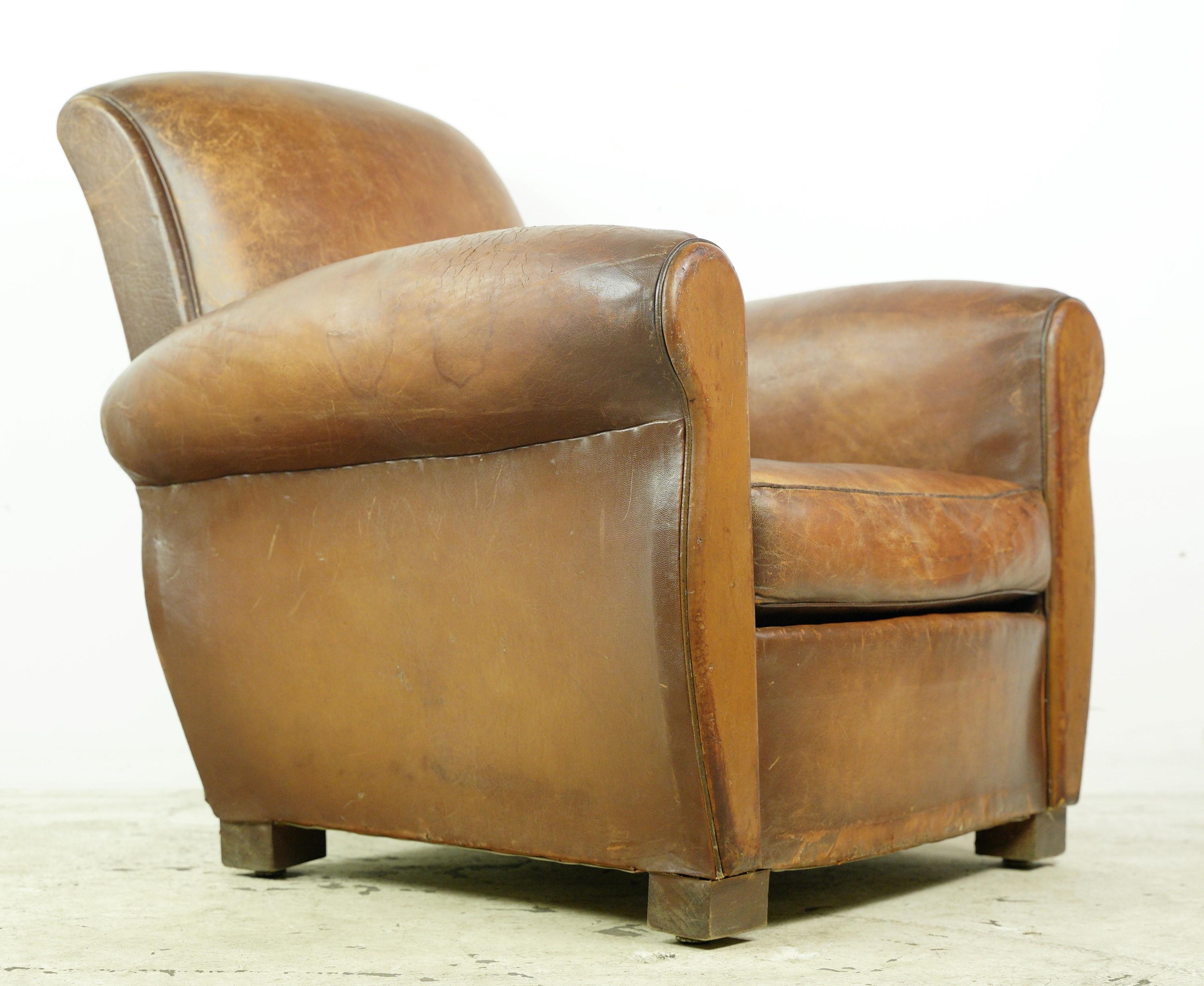 European Brown Leather Steel Studded Club Chair For Sale 1