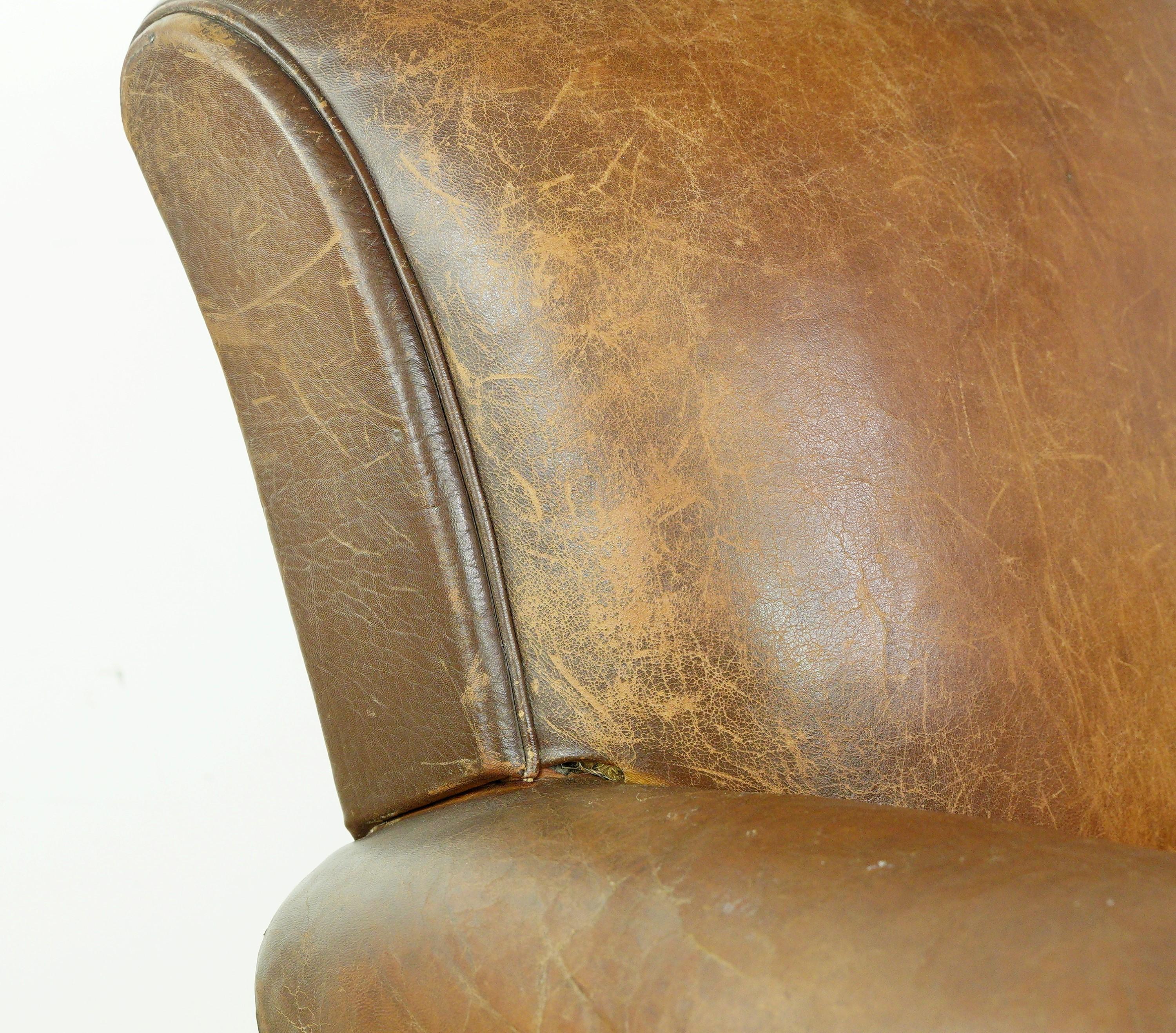 European Brown Leather Steel Studded Club Chair For Sale 3