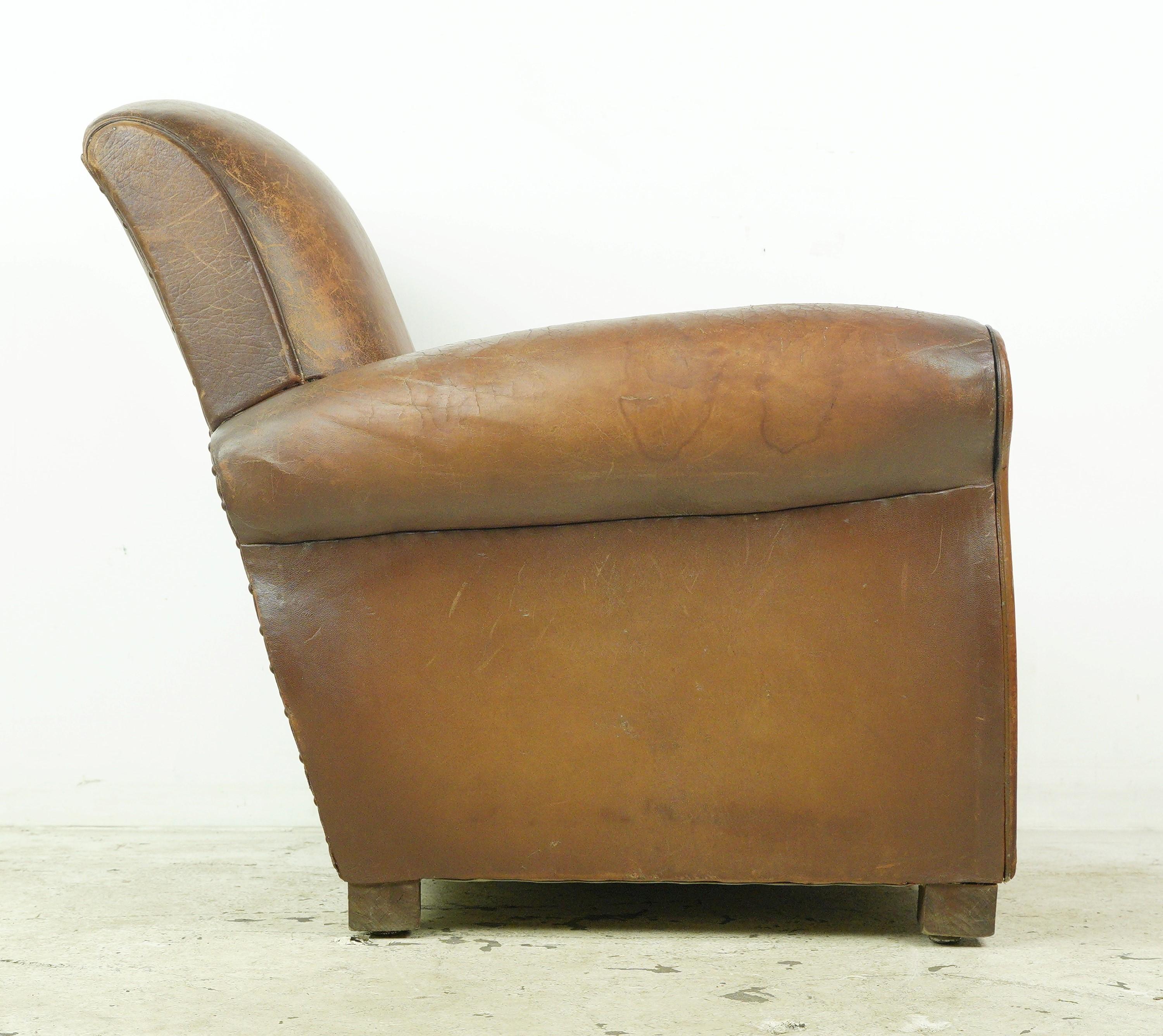European Brown Leather Steel Studded Club Chair For Sale 4