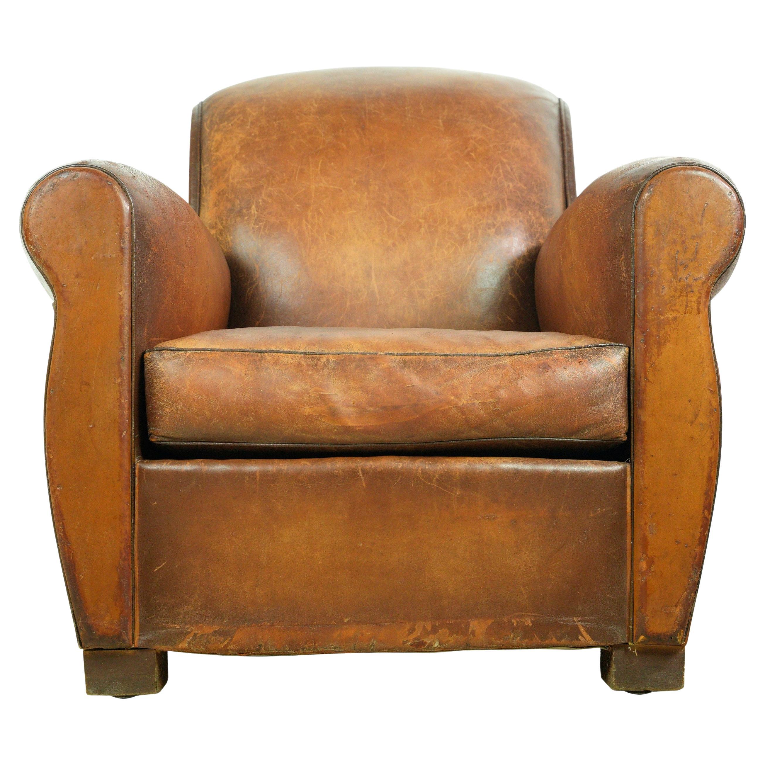 European Brown Leather Steel Studded Club Chair For Sale